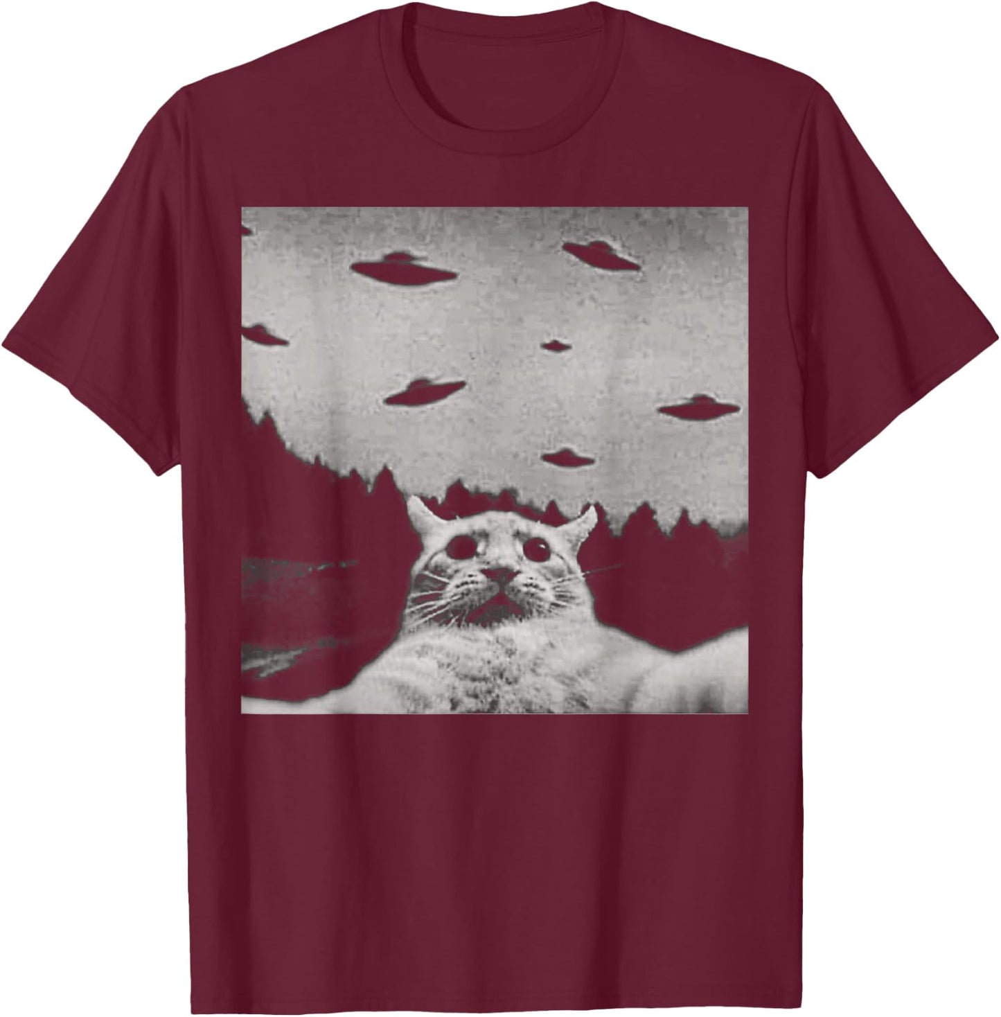 ThreadWeird Alien Cat UFO - Classic Fit, Round Neck, Black, Adult T-Shirt - T-Shirt | Maroon