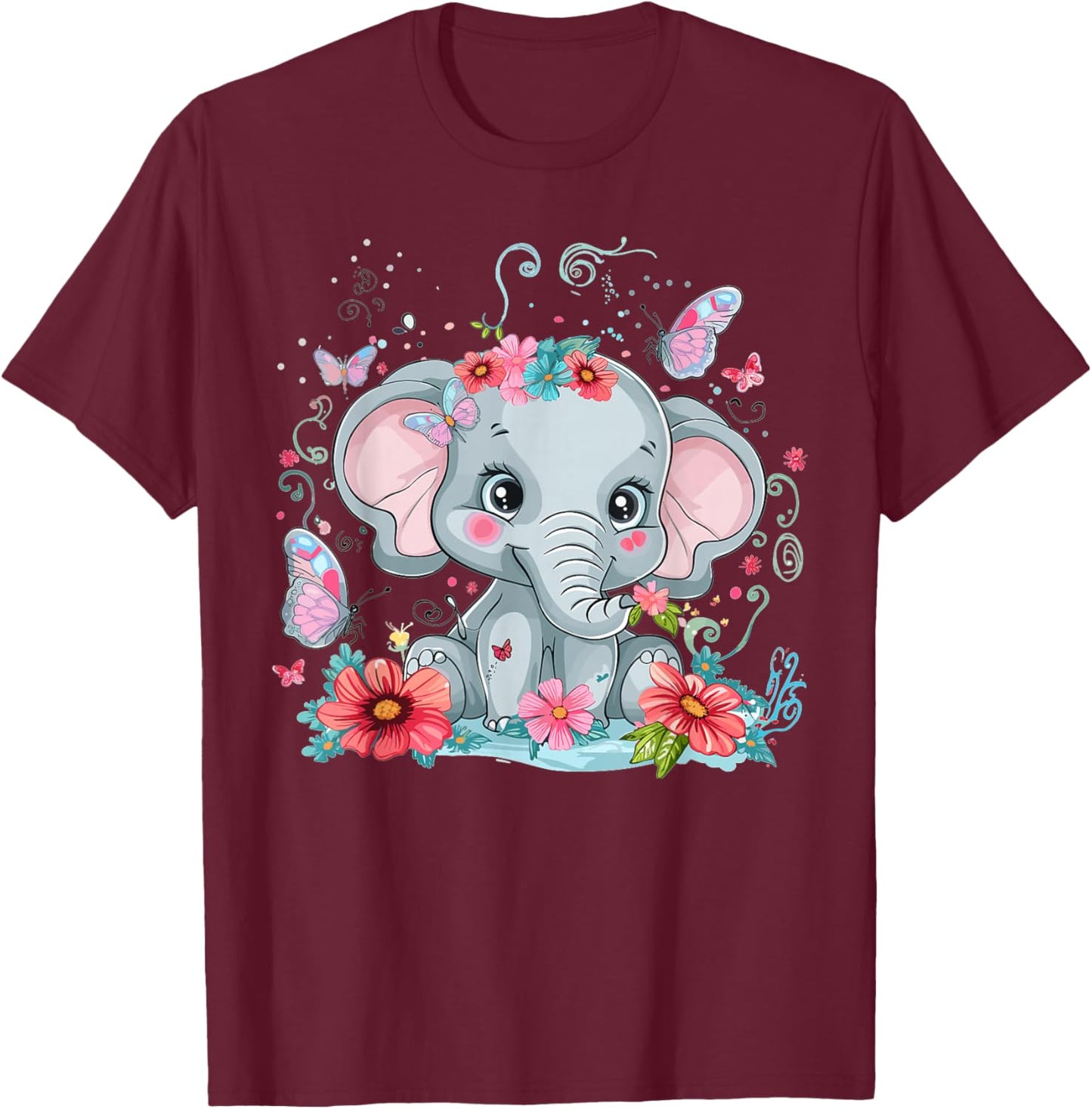 Cute Elephant with Flowers I Kids Elephant T-Shirt - T-Shirt | Maroon