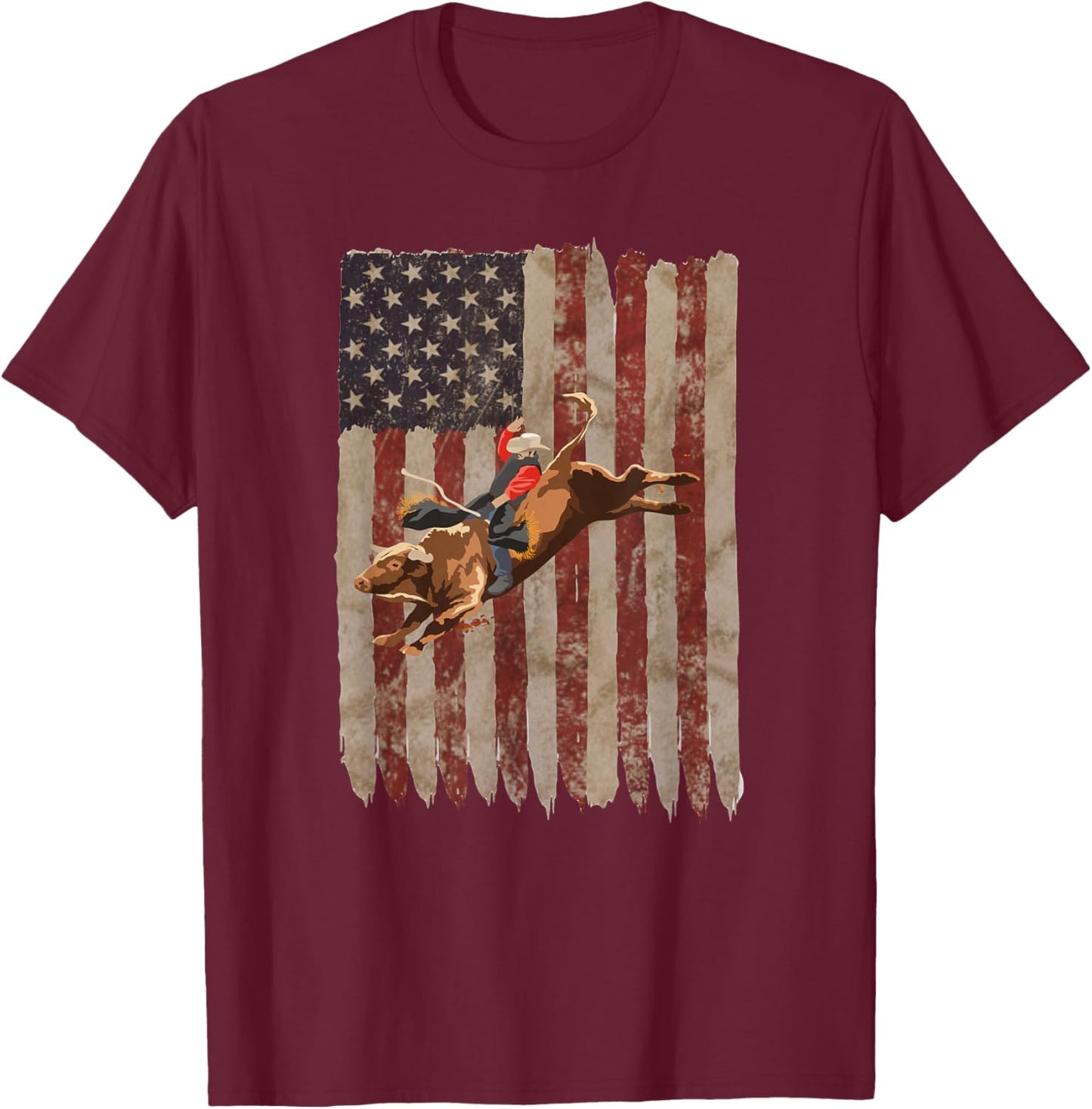 Patriotic Rodeo Bull Rider American Flag Western Cowboys T-Shirt - T-Shirt | Maroon