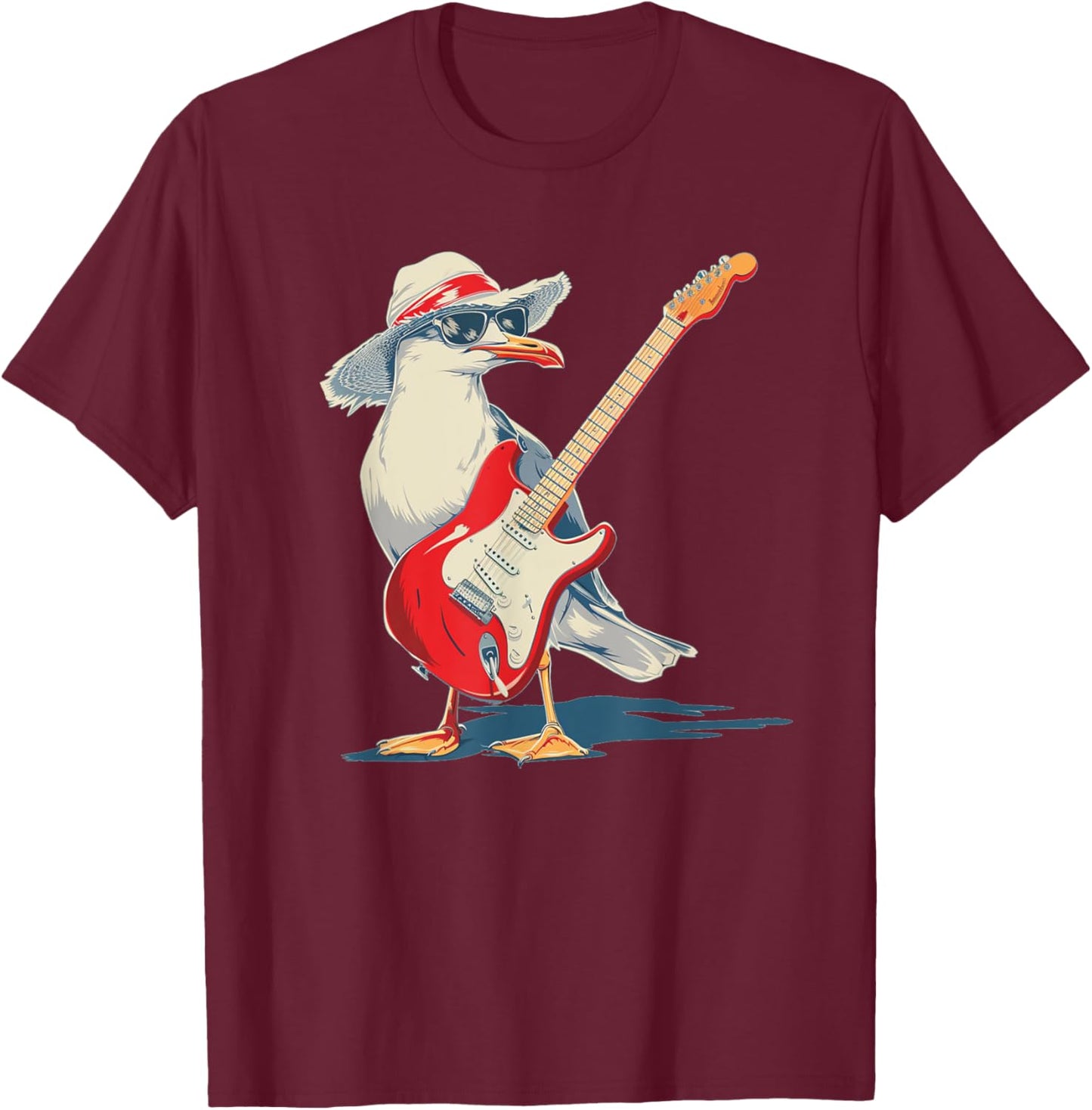 Funny Seagull with Beach Hat and electric Guitar T-Shirt - T-Shirt | Maroon
