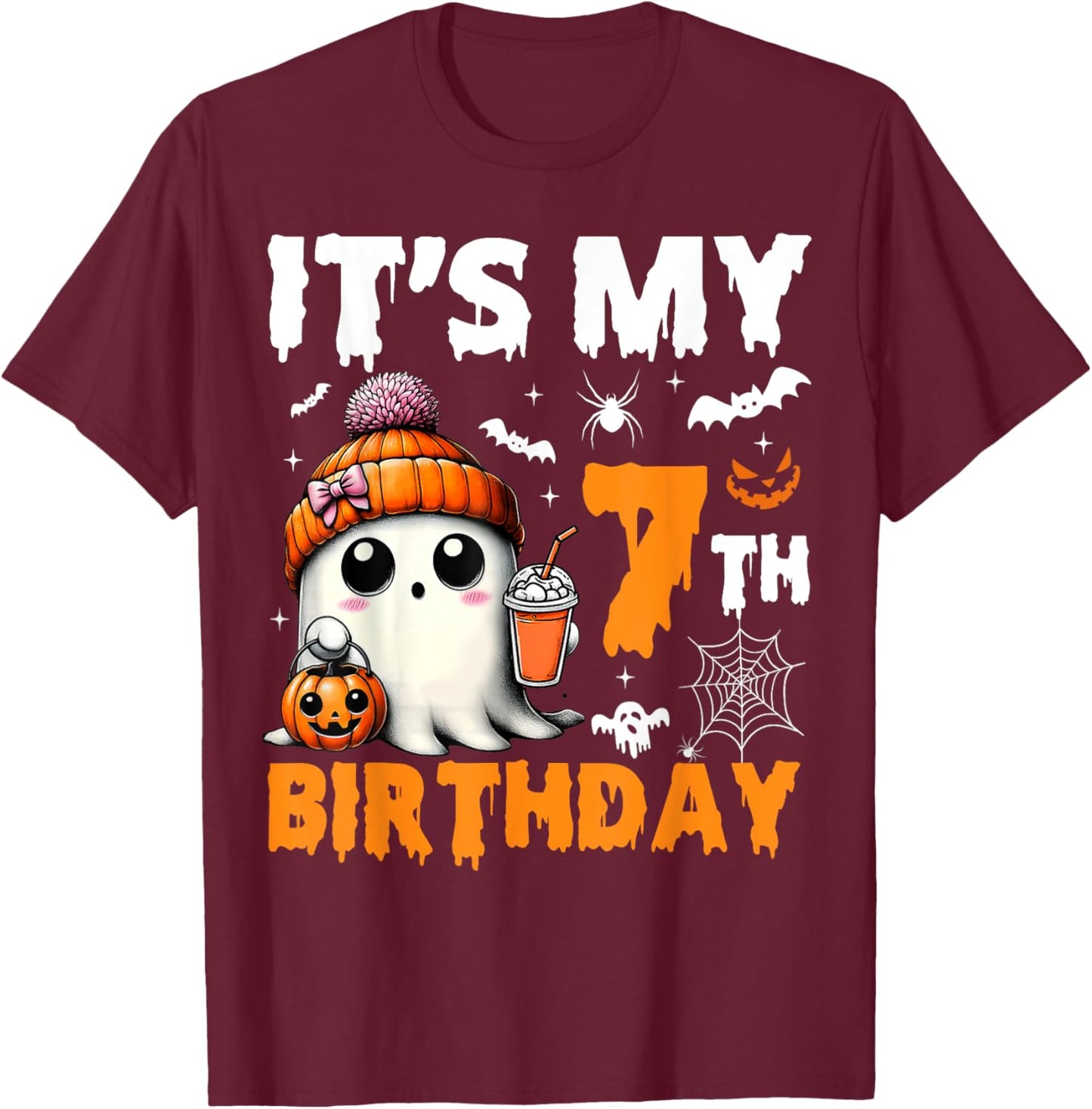 It's My 7th Birthday 7 Years Old Ghost Pumpkin Halloween T-Shirt - T-Shirt | Maroon