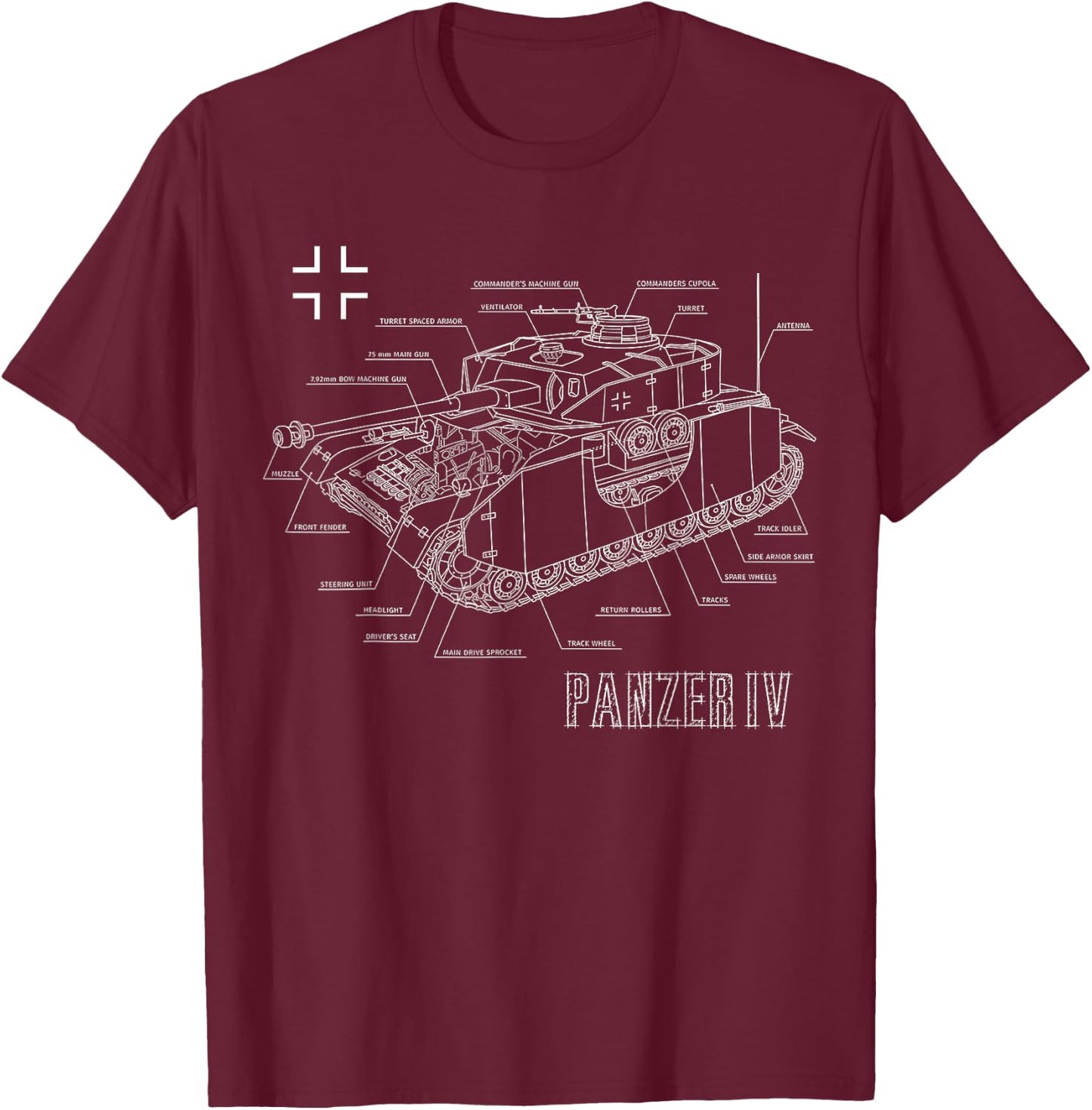 World War 2 German Tank Panzer IV Engineering Blueprint T-Shirt - T-Shirt | Maroon