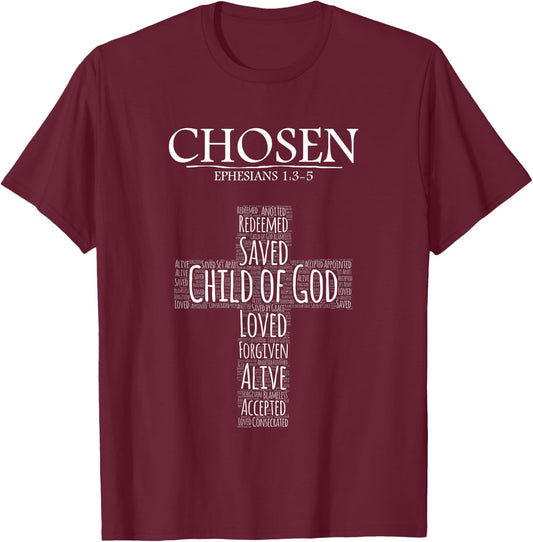 Chosen Ephesians 1:3-5 with Cross Word Collage T-Shirt - T-Shirt | Maroon