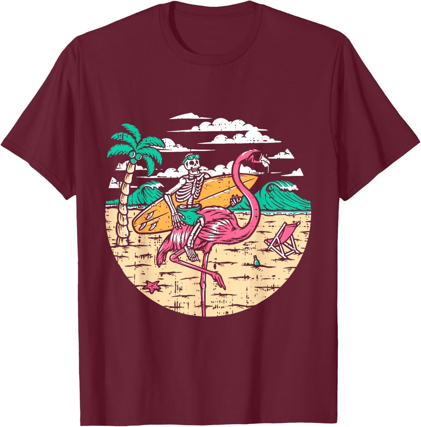 Skeleton Surfer Riding Flamingo Halloween Costume Surfing T-Shirt - T-Shirt | Maroon