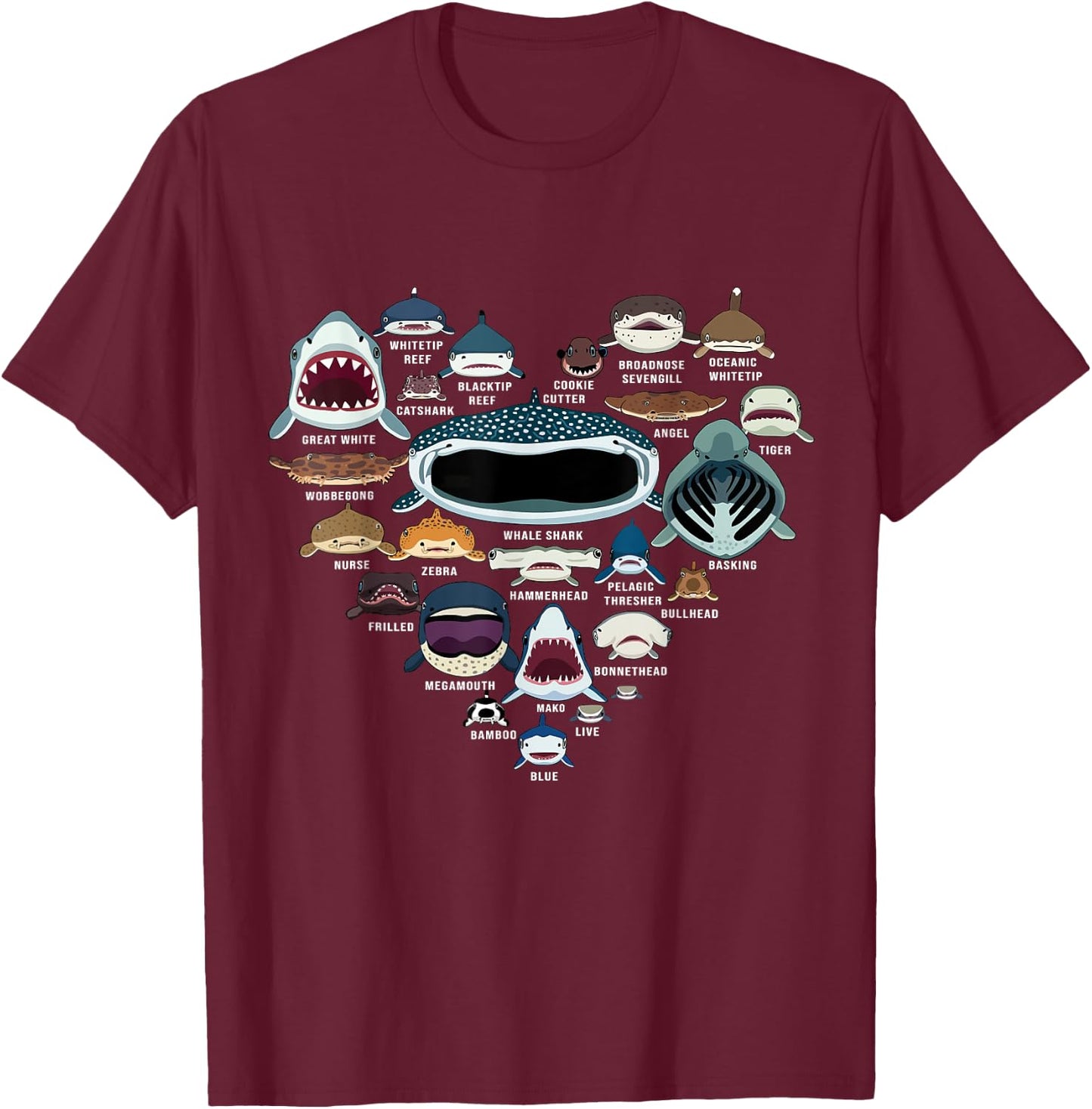 Types Of Sharks Marine Biology - All Shark Faces Heart T-Shirt - T-Shirt | Maroon