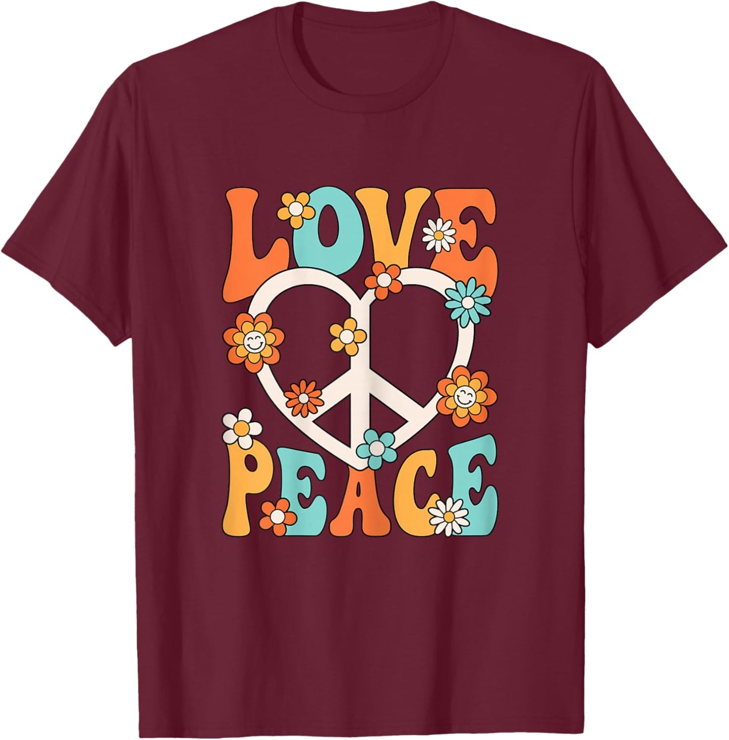 Love Peace Sign 60s 70s Outfit Hippie Groovy Women Girls T-Shirt - T-Shirt | Maroon