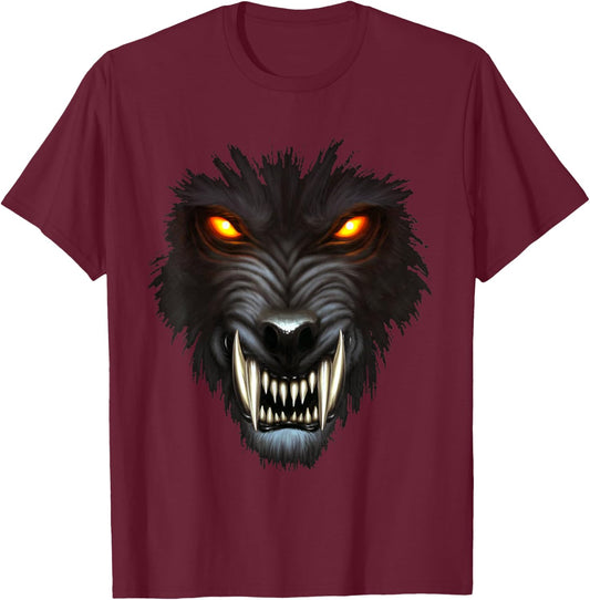 Werewolf Face Full Moon Scary Wolf Spooky Halloween Monster T-Shirt - T-Shirt | Maroon