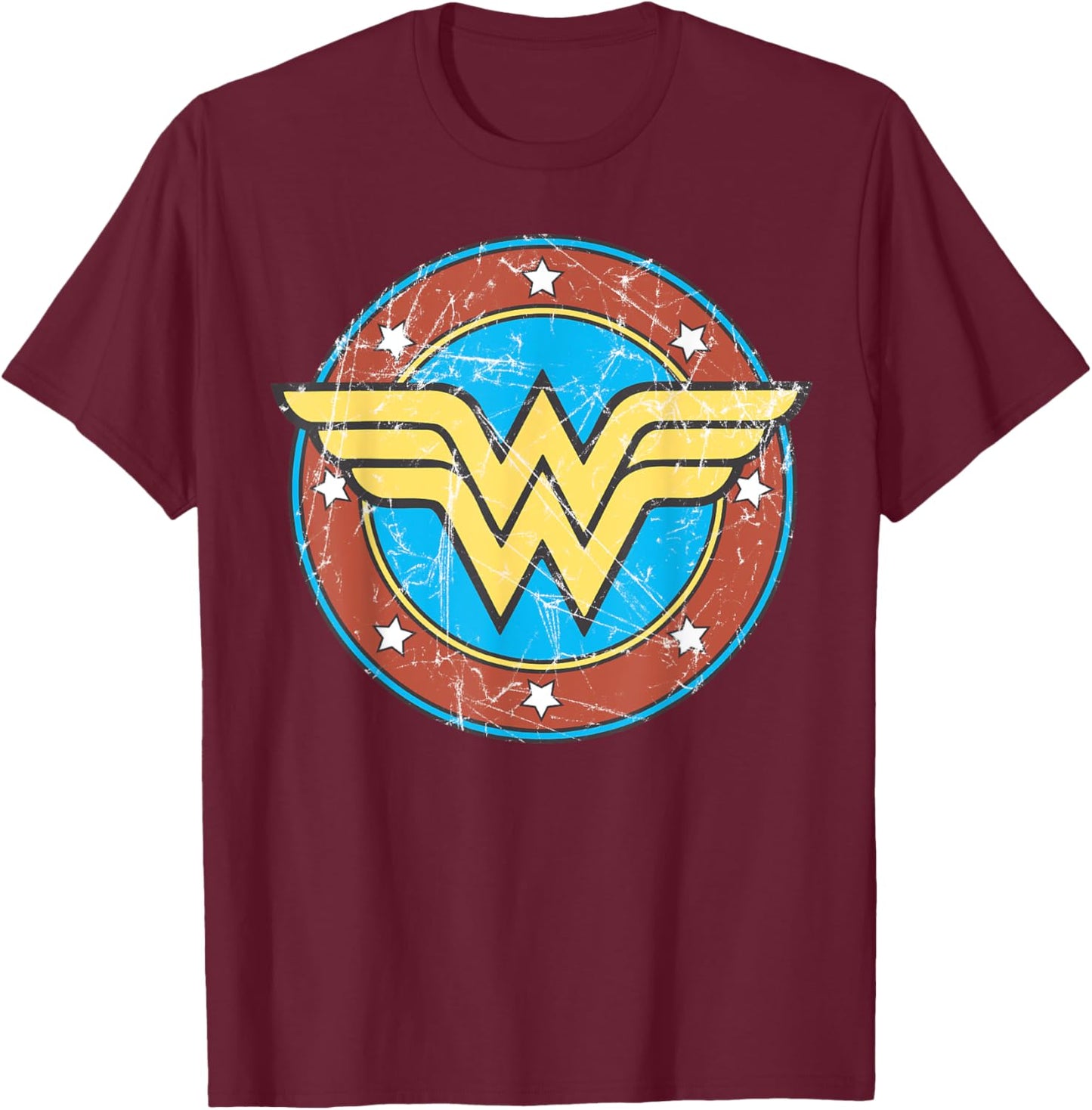 DC Wonder Woman Logo Circle Distressed T-Shirt - T-Shirt | Maroon