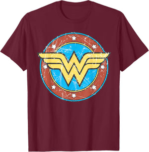 DC Wonder Woman Logo Circle Distressed T-Shirt - T-Shirt | Maroon