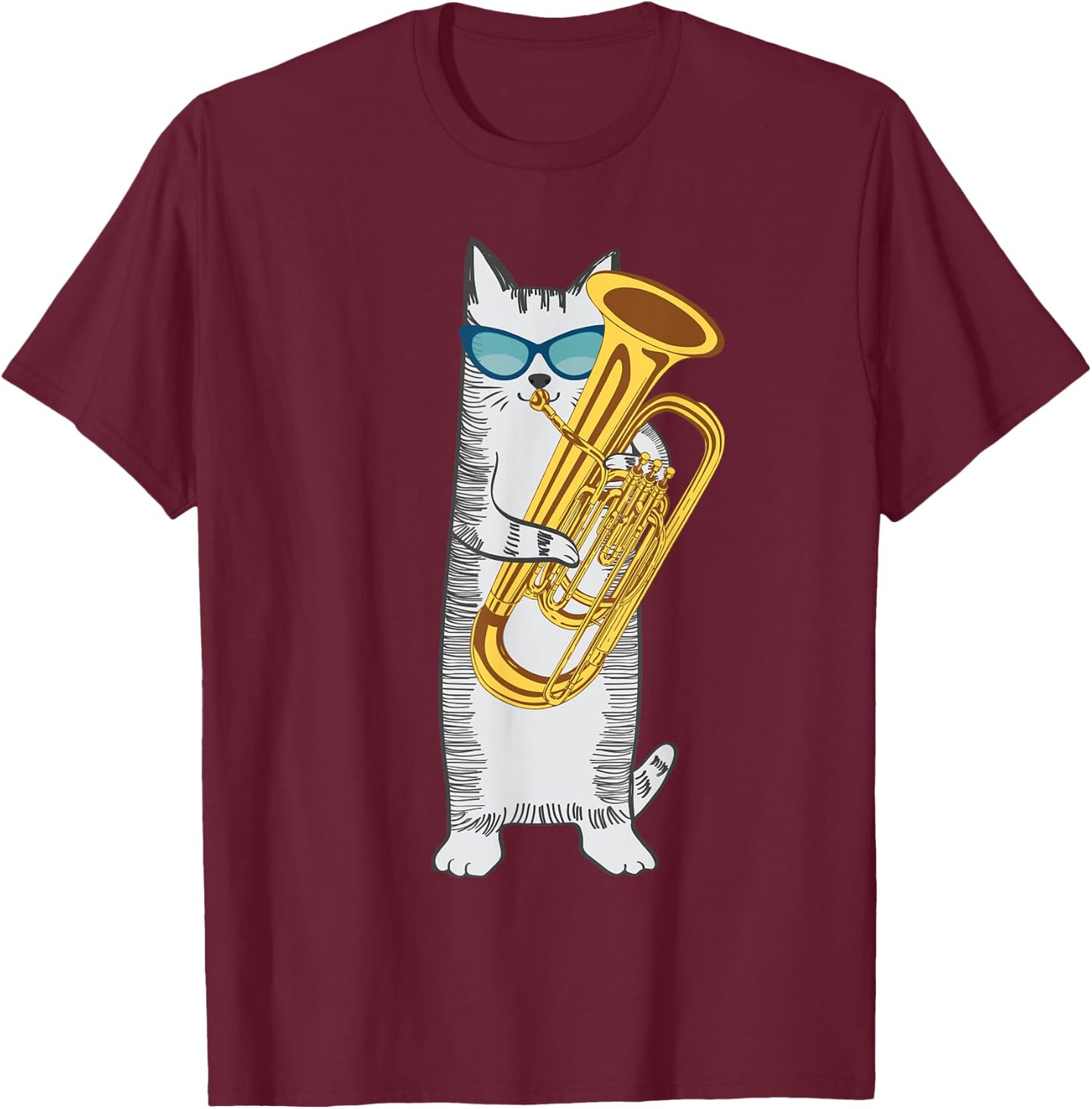 Tuba Cat Wearing Retro Sunglasses For Low Brass Players Men Women Kids T-Shirt - T-Shirt | Maroon