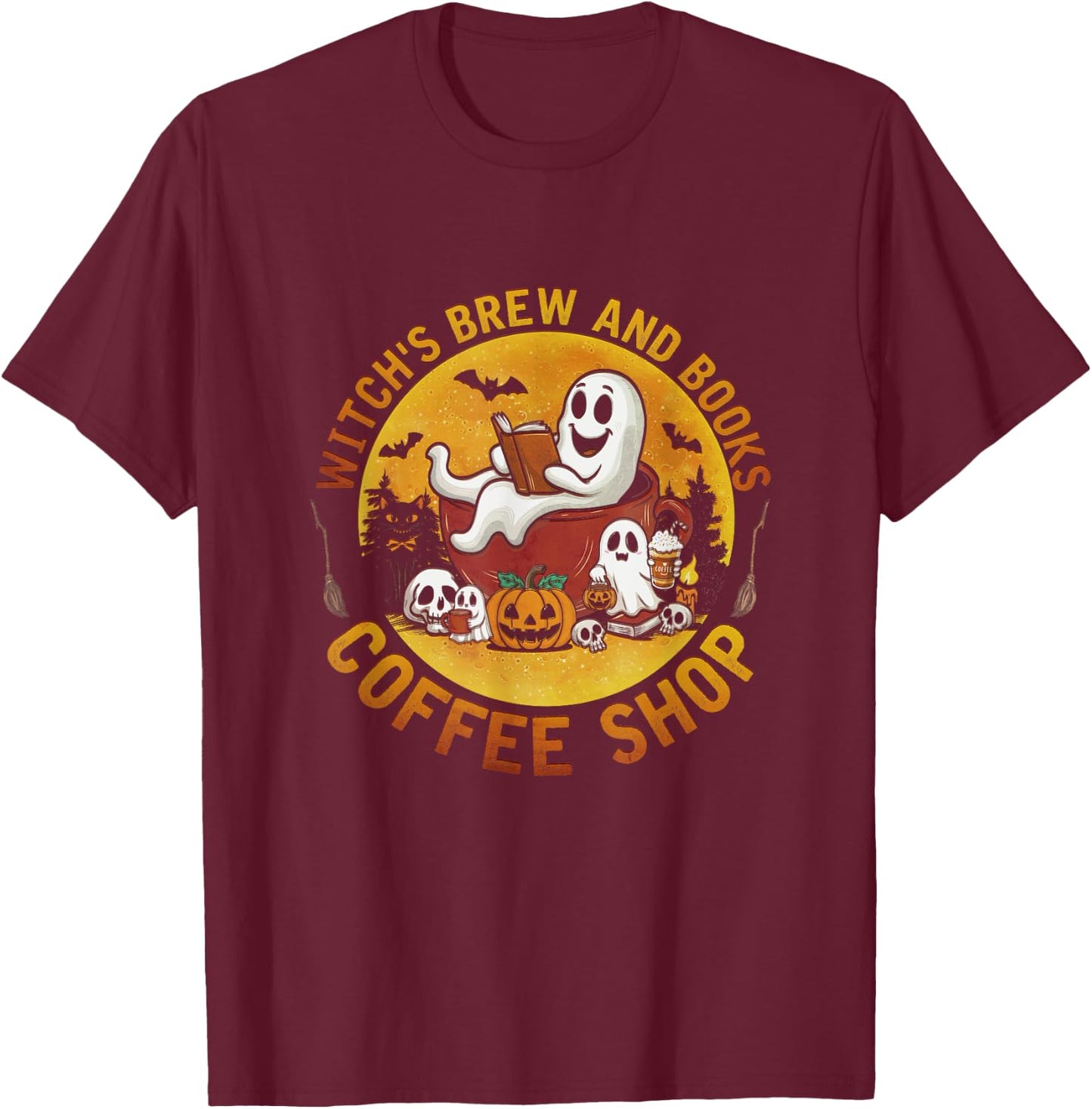 Ghost Witch's Brew And Book Coffee-Shop Halloween Costume T-Shirt - T-Shirt | Maroon