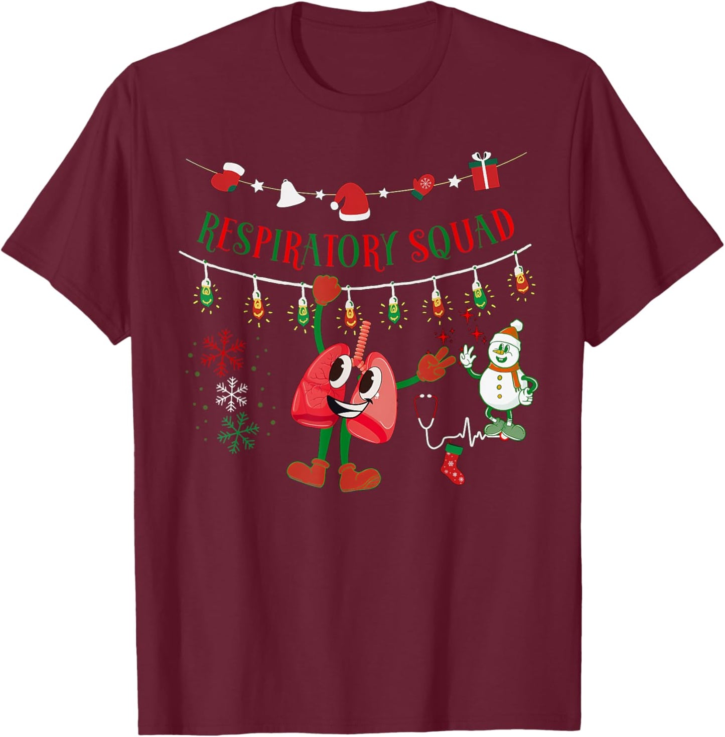 Respiratory Squad Nurse Xmas Light Lung Hanging Pulmonary T-Shirt - T-Shirt | Maroon