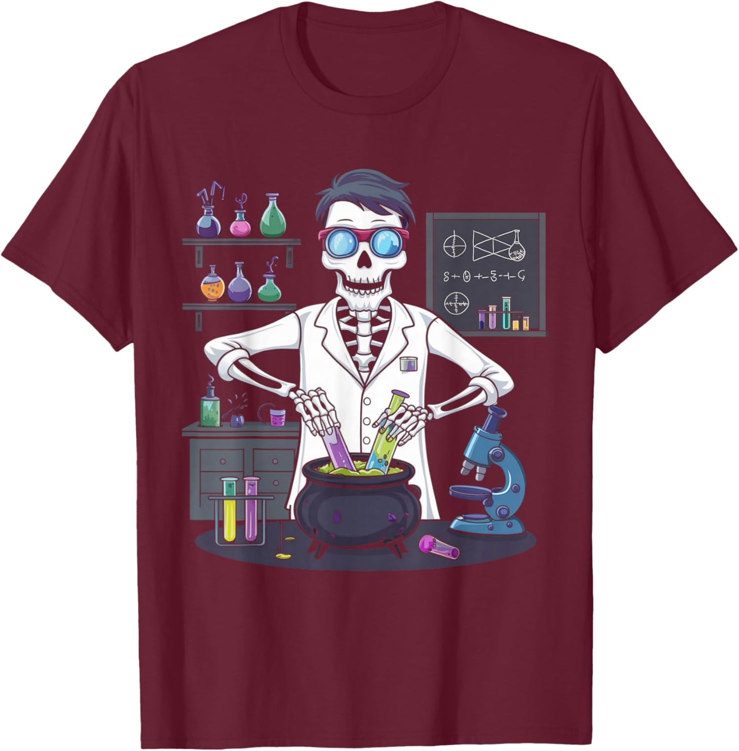 Funny Science Teacher Halloween Skeleton Scientist Chemistry T-Shirt - T-Shirt | Maroon