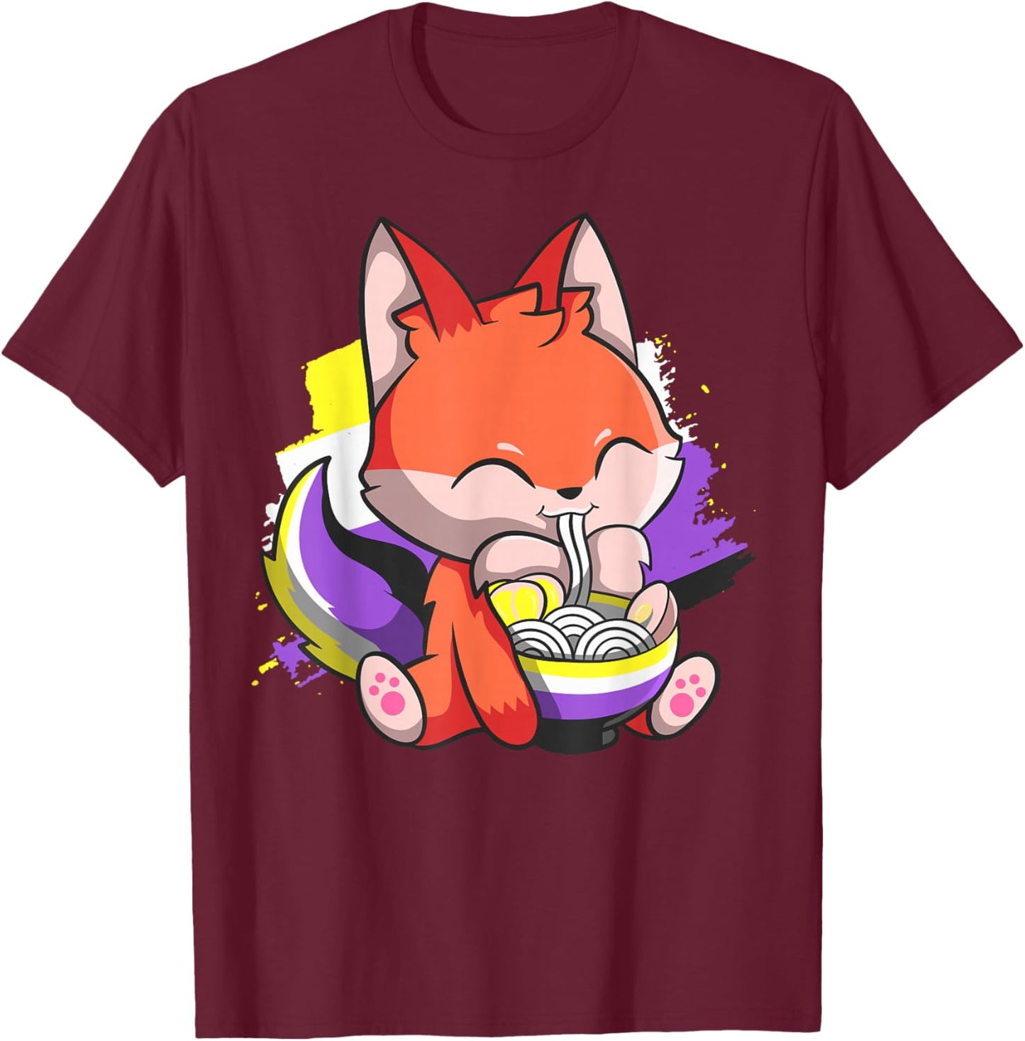 Nonbinary Pride Kawaii Fox Ramen Noodles Non Binary Flag T-Shirt - T-Shirt | Maroon