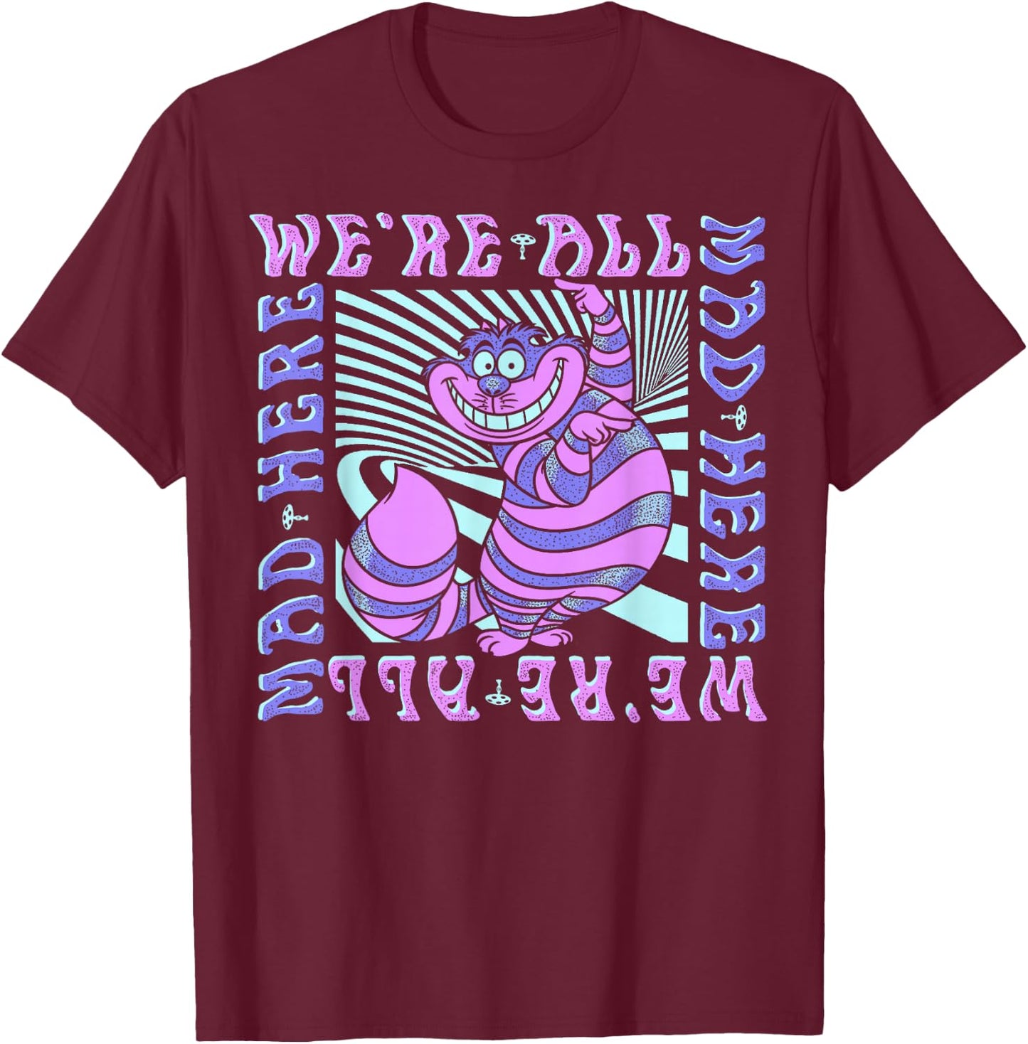 Disney Alice In Wonderland Cheshire Cat We're All Mad Box Up Short Sleeve T-Shirt - T-Shirt | Maroon