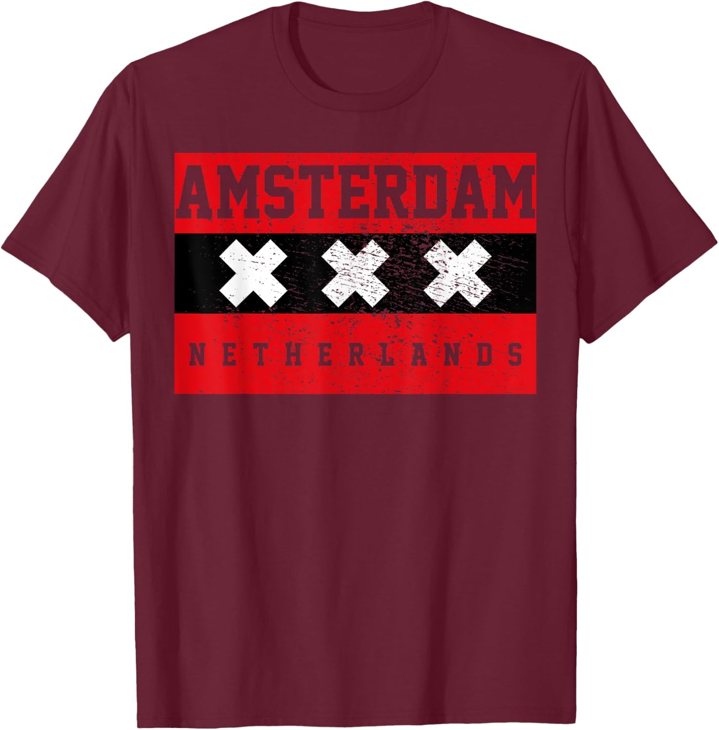 Designs and Gifts Amsterdam - Men's Adults Black Cotton 65% Polyester 35% Classic Fit Short Sleeve - Small T-Shirt - T-Shirt | Maroon