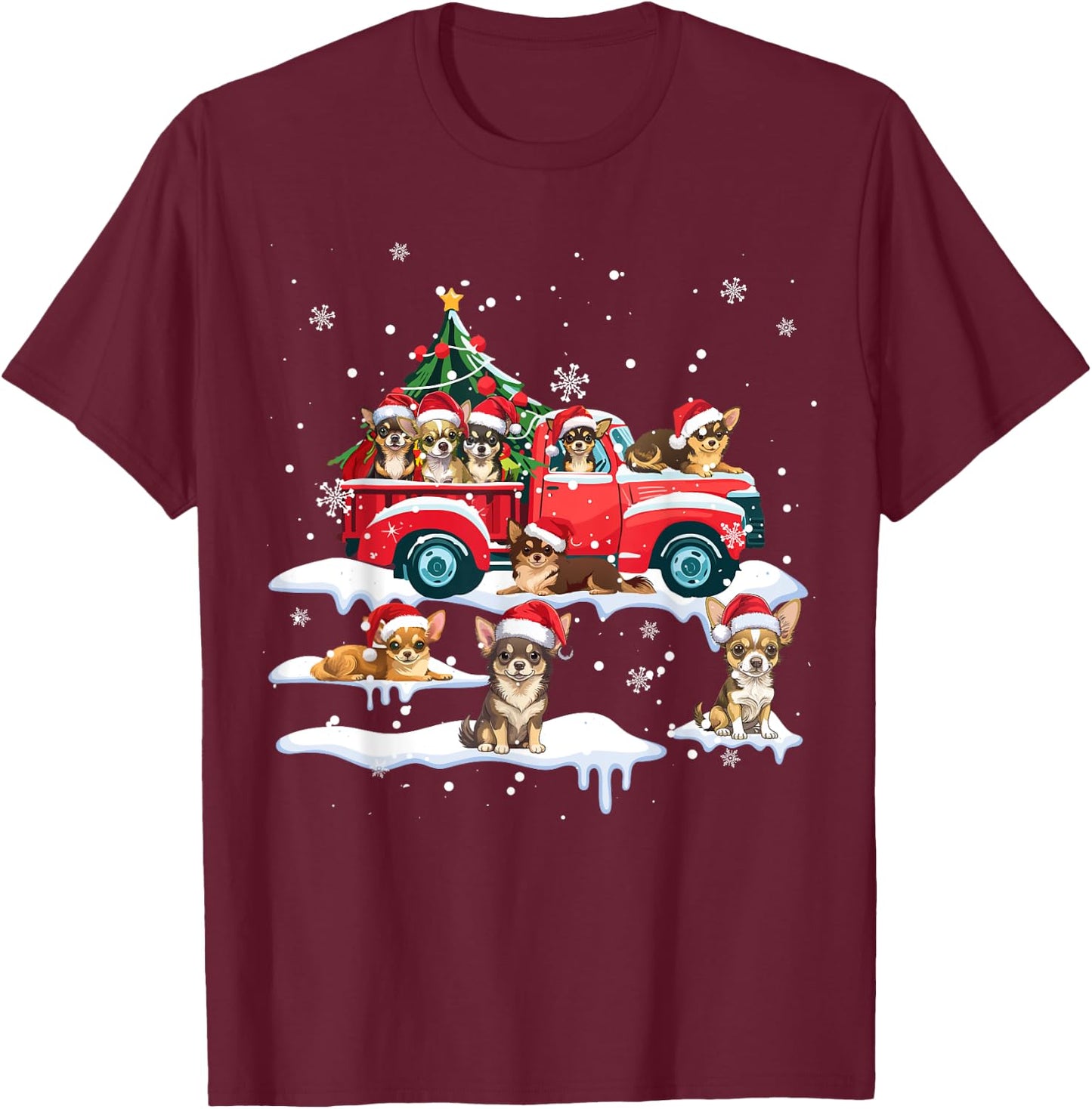 Chihuahua Dog Riding Red Truck Ugly Sweater Merry Christmas T-Shirt - T-Shirt | Maroon