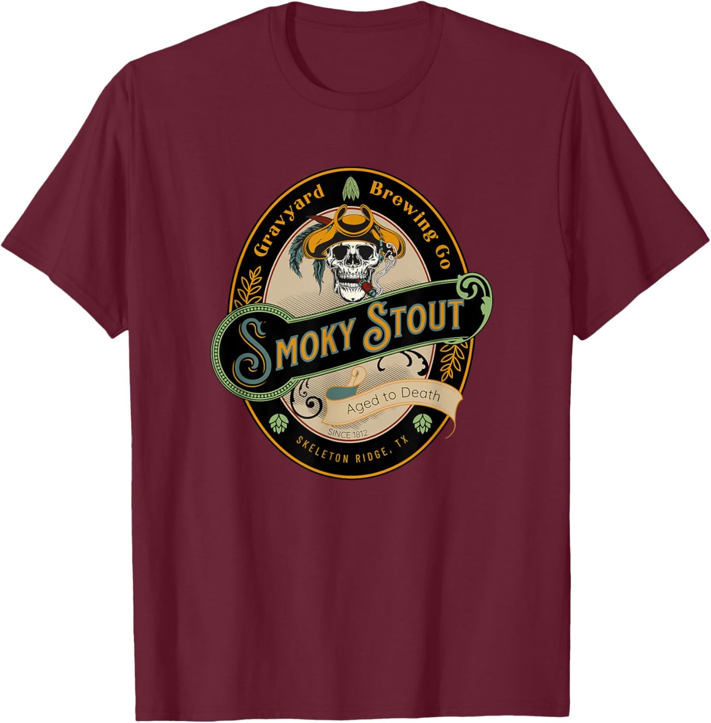Graveyard Brewery Craft Beer Label, Skeleton with Cigar T-Shirt - T-Shirt | Maroon