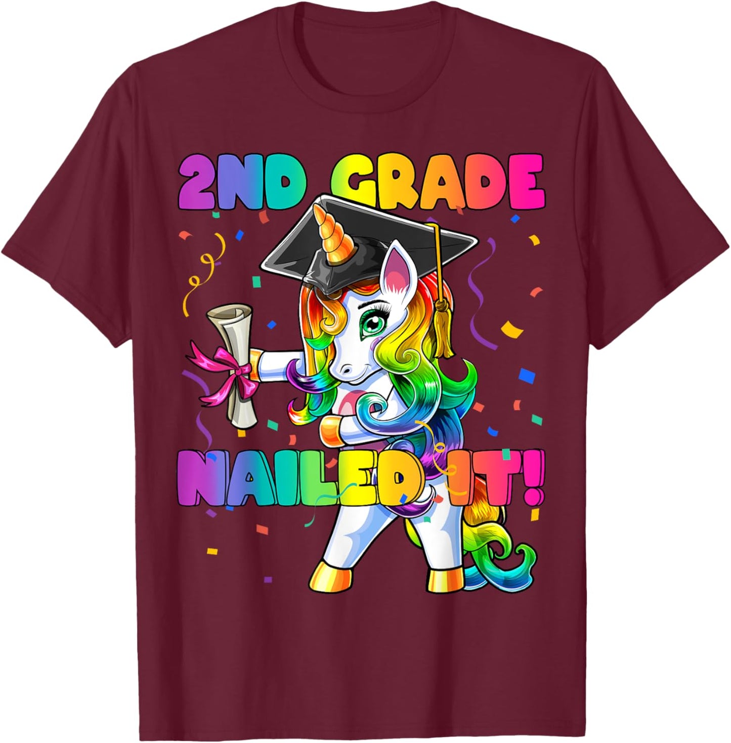 Flossing Unicorn 2nd Grade Graduation Cap Diploma Gift Girls T-Shirt - T-Shirt | Maroon