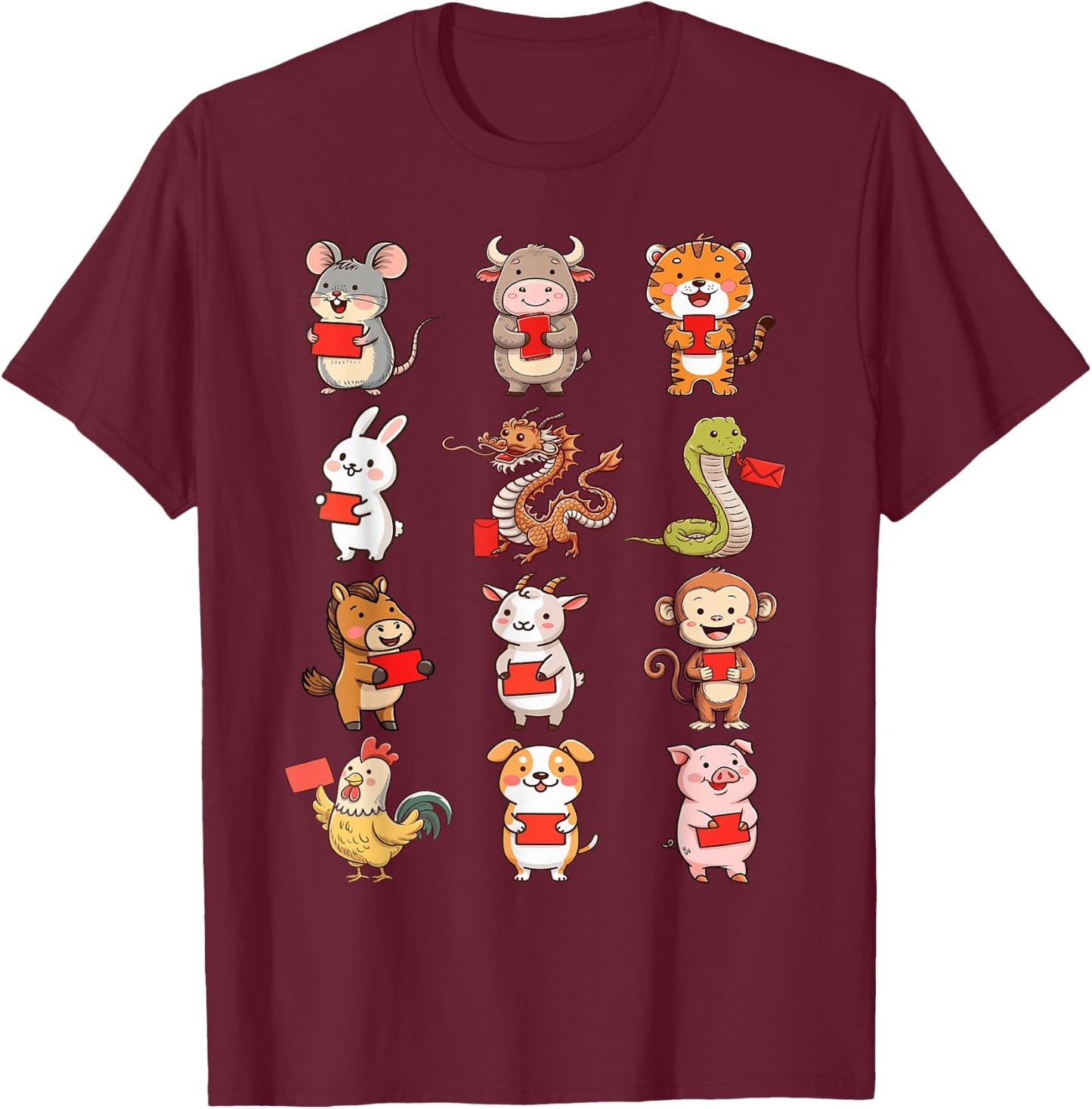 Chinese Zodiac Animals Rabbit Snake Horse Chinese New Year T-Shirt - T-Shirt | Maroon
