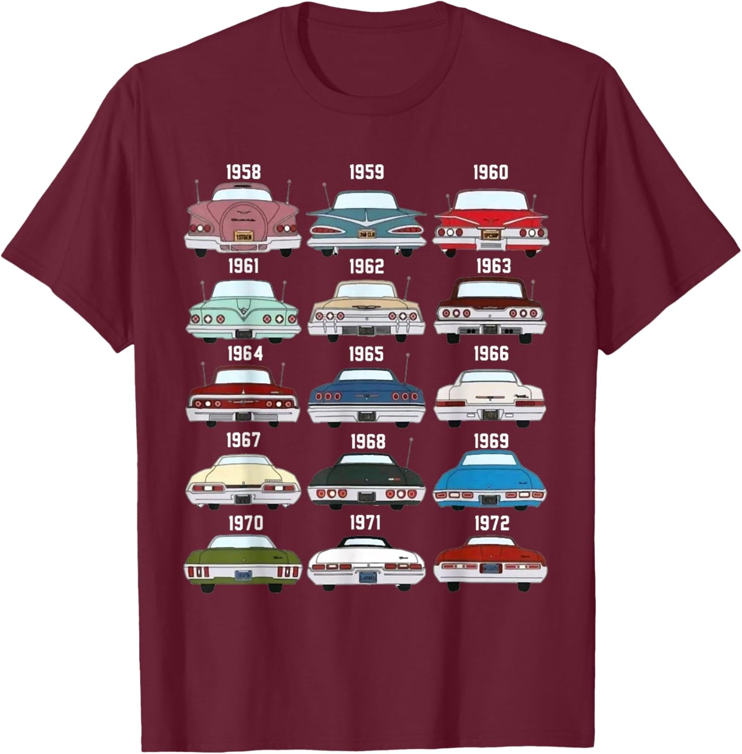 1958 59 60 61 62 63 64 65 66 67 68 69 70 71 72 Impala Ss T-Shirt - T-Shirt | Maroon