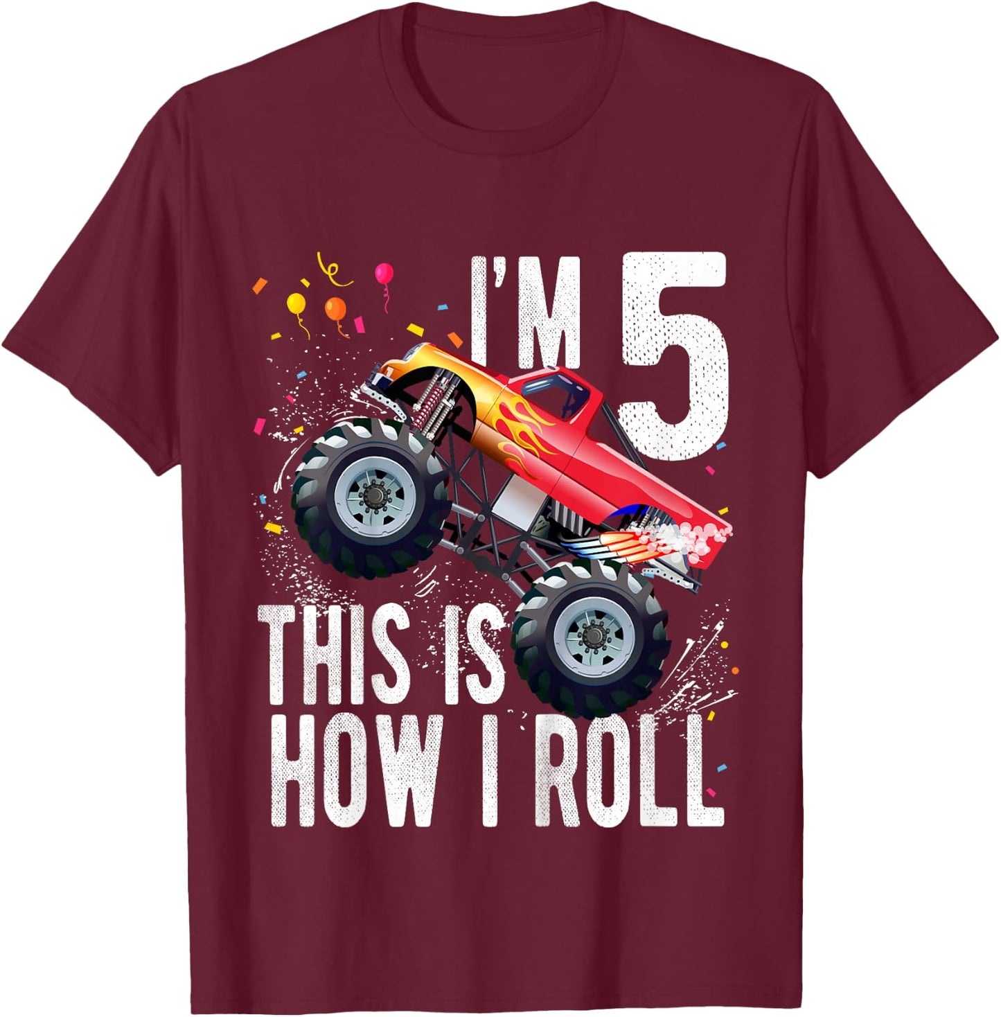 Kids 5 Year Old Shirt 5th Birthday Boy Monster Truck Car T-Shirt - T-Shirt | Maroon