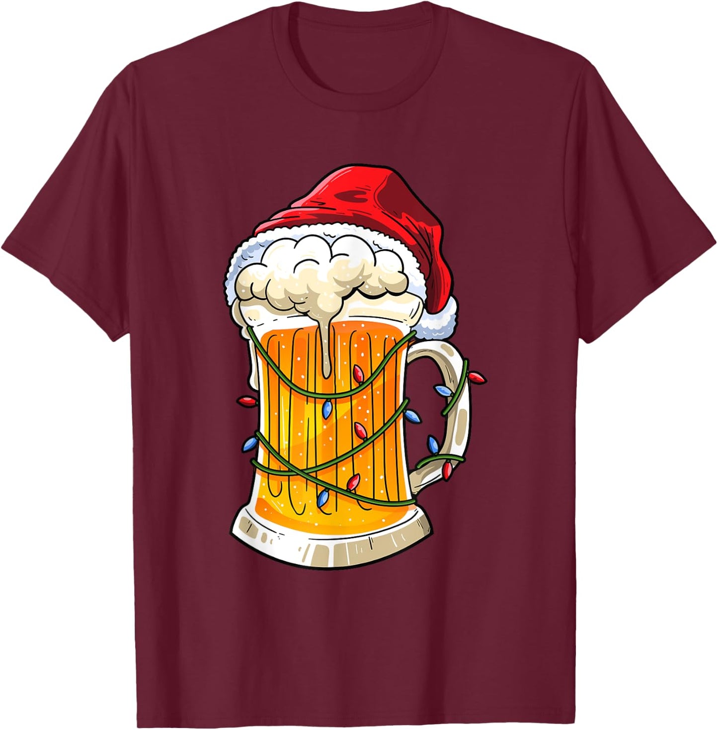 Beer Christmas Mug Santa Hat Xmas Lights Men Women Gifts T-Shirt - T-Shirt | Maroon