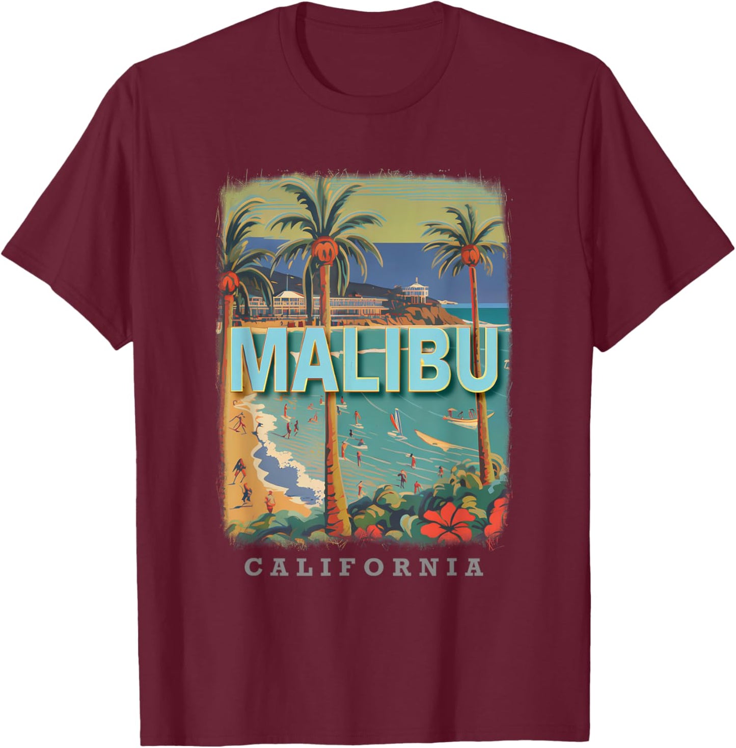 Malibu California CA Surfer's Paradise SD564 T-Shirt - T-Shirt | Maroon