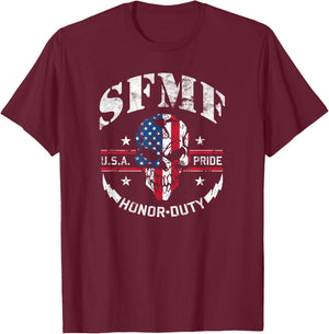 SFMF Skull USA Flag Military Weapon Guns America T-Shirt - T-Shirt | Maroon