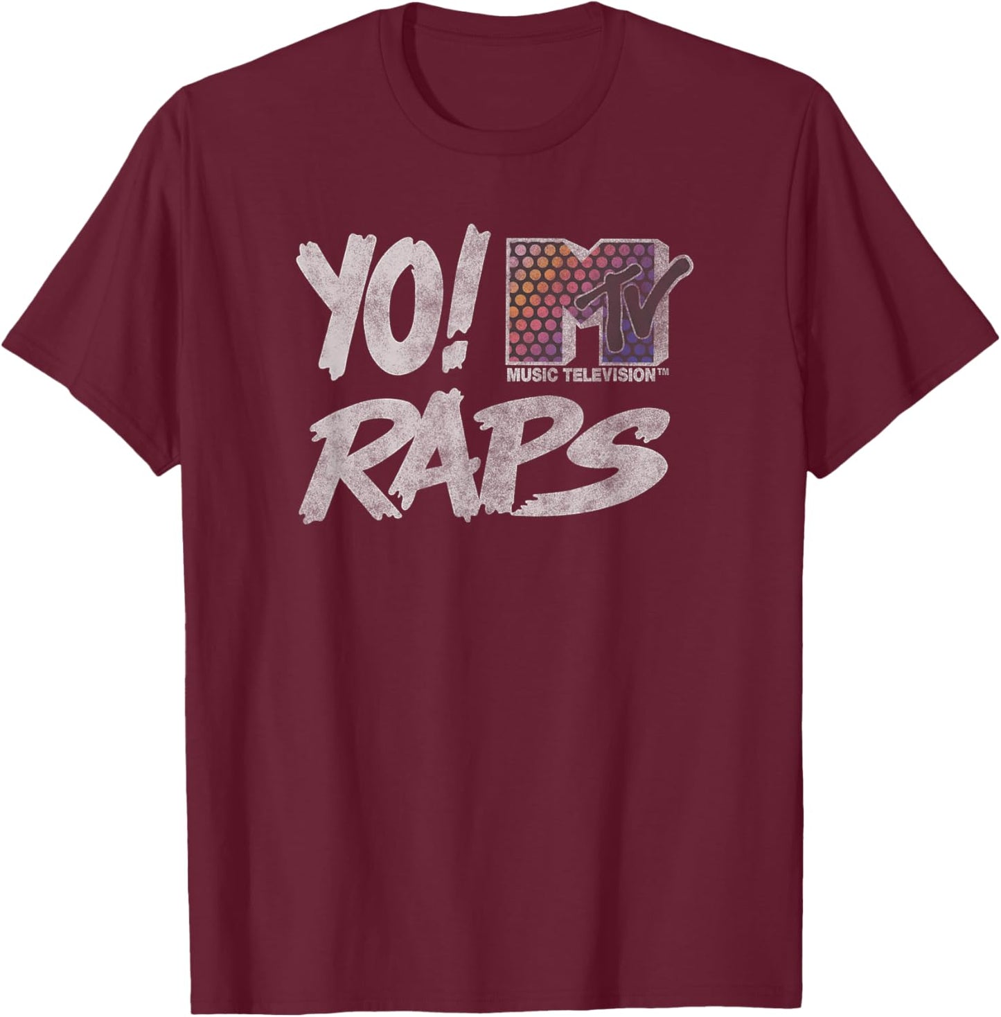 MTV für Erwachsene - - Schwarz - S - Kurzarm - Klassische Passform - V-Ausschnitt - Retro - Logo - Vintage Design - Officially Licensed Yo! Mtv Raps Apparel T-Shirt - T-Shirt | Maroon