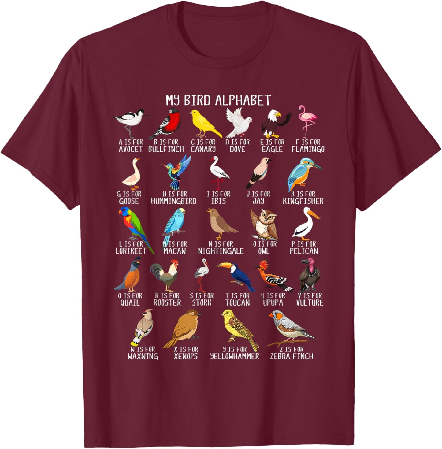 Types Of Birds Alphabet A-Z ABC Bird T-Shirt - T-Shirt | Maroon