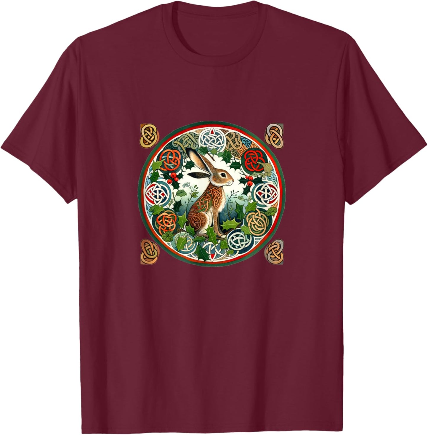 English Ivy Hare Illustration Garden Celtic Holly T-Shirt - T-Shirt | Maroon