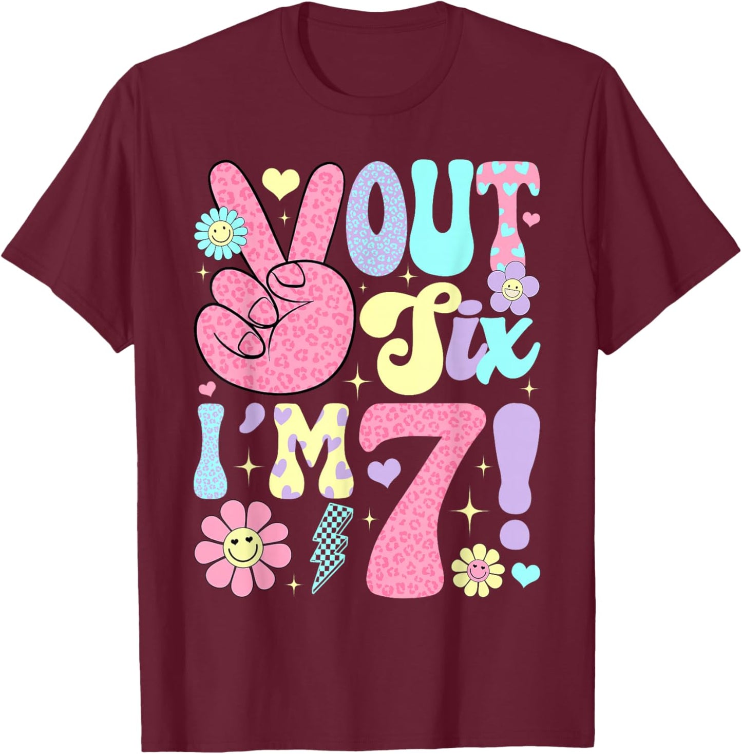 Groovy Peace Out Six I'm 7 Years Old 7th Birthday Girls Kids T-Shirt - T-Shirt | Maroon