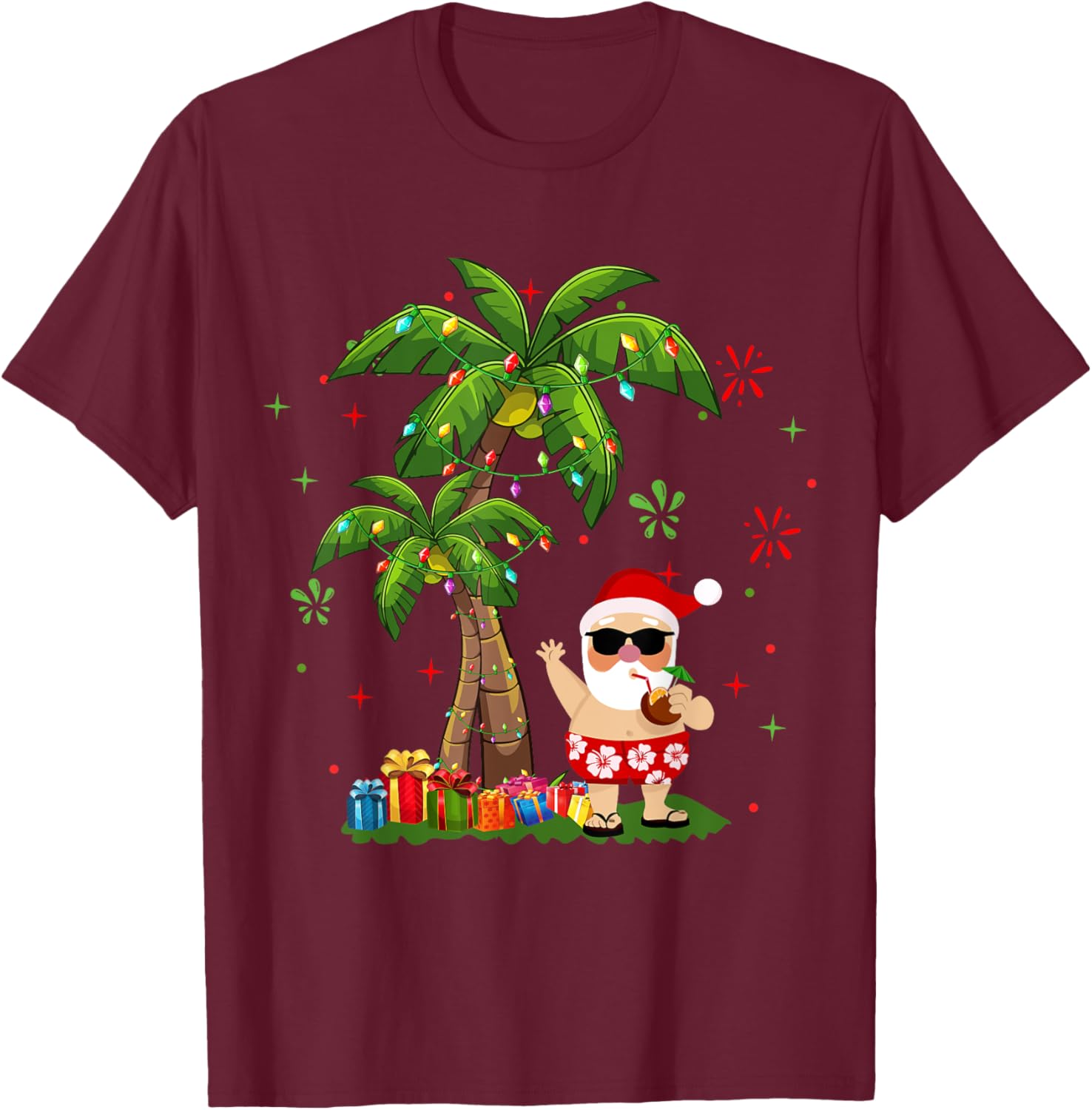 Santa Hawaiian Christmas Palm Tree Lights Xmas T-Shirt - T-Shirt | Maroon