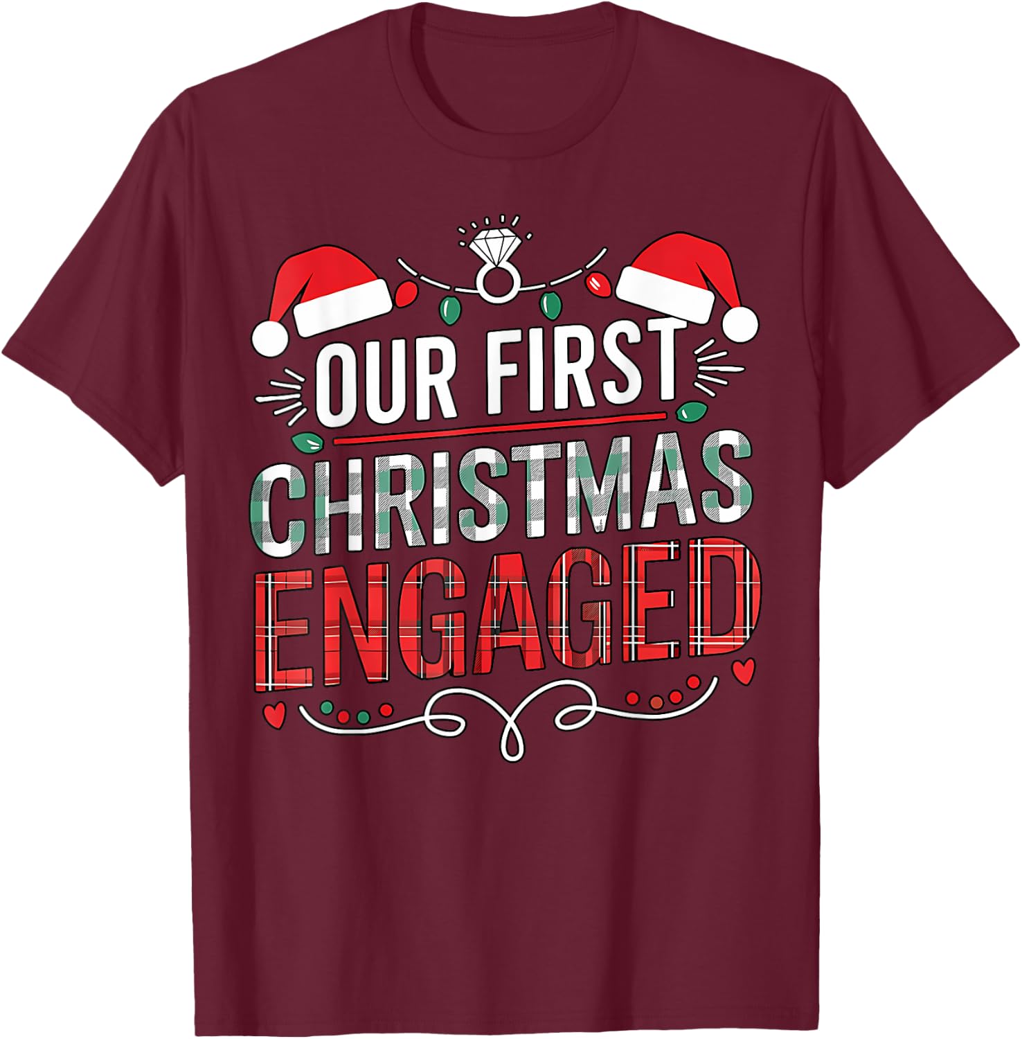 Our First Christmas Engaged 2024 Black Adult Christmas Couple Matching T-Shirt - T-Shirt | Maroon