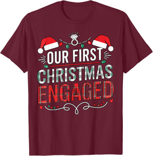 Our First Christmas Engaged 2024 Black Adult Christmas Couple Matching T-Shirt - T-Shirt | Maroon