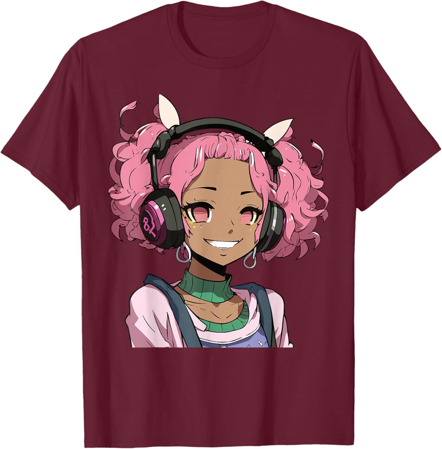 Anime and Music Black Girl Anime Merch Afro African American T-Shirt - T-Shirt | Maroon