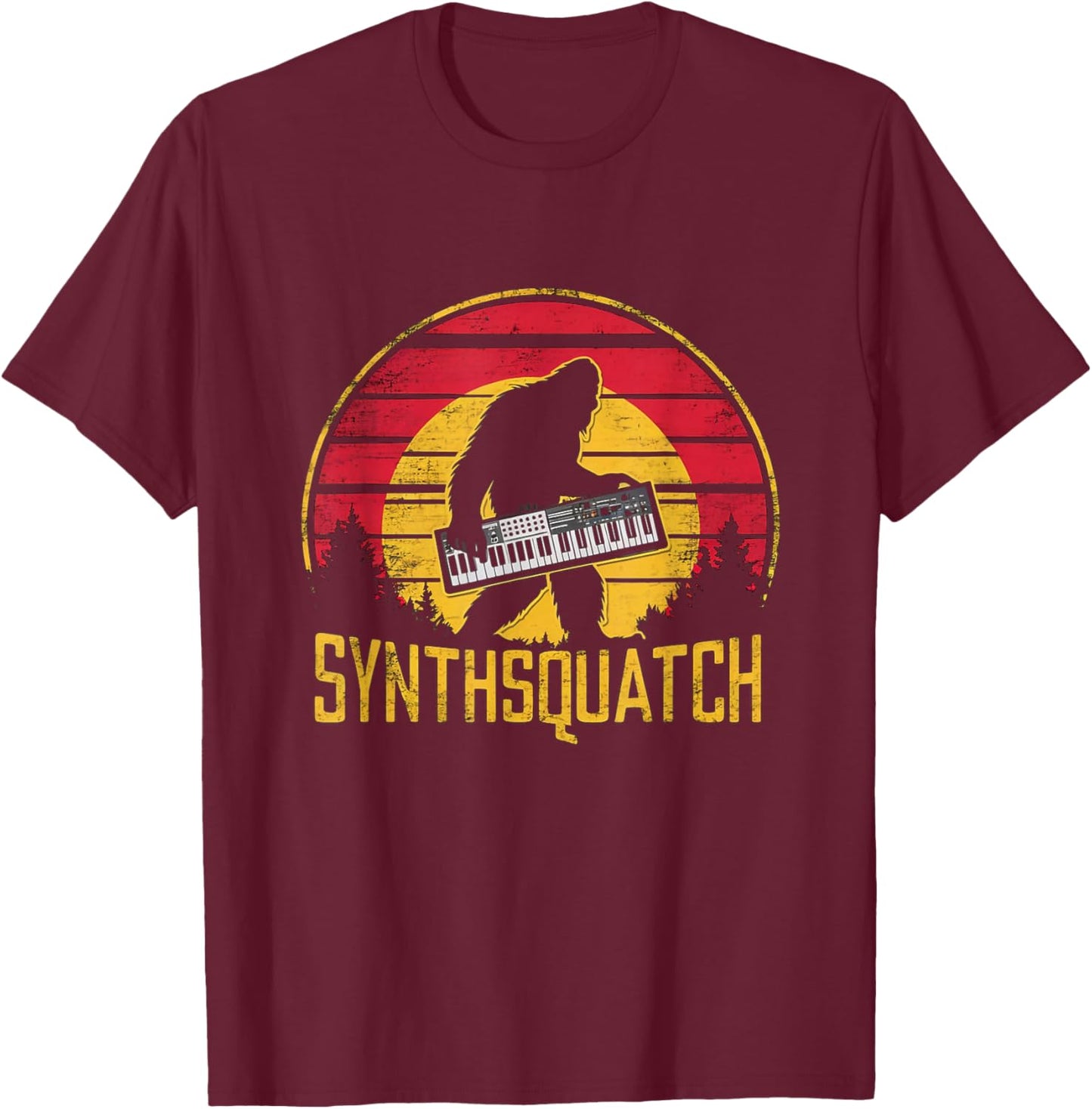 Retro Synthsquatch Music Synthesizer Lover Sunset Vintage T-Shirt - T-Shirt | Maroon