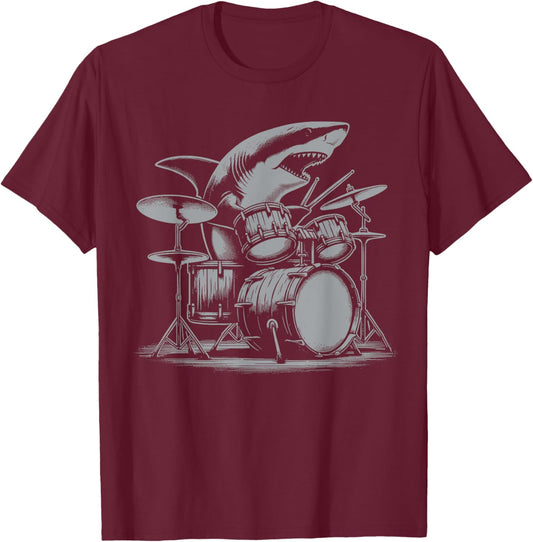 Funny Shark Drummer Drum Music Lover Vintage Boys Men Kids T-Shirt - T-Shirt | Maroon