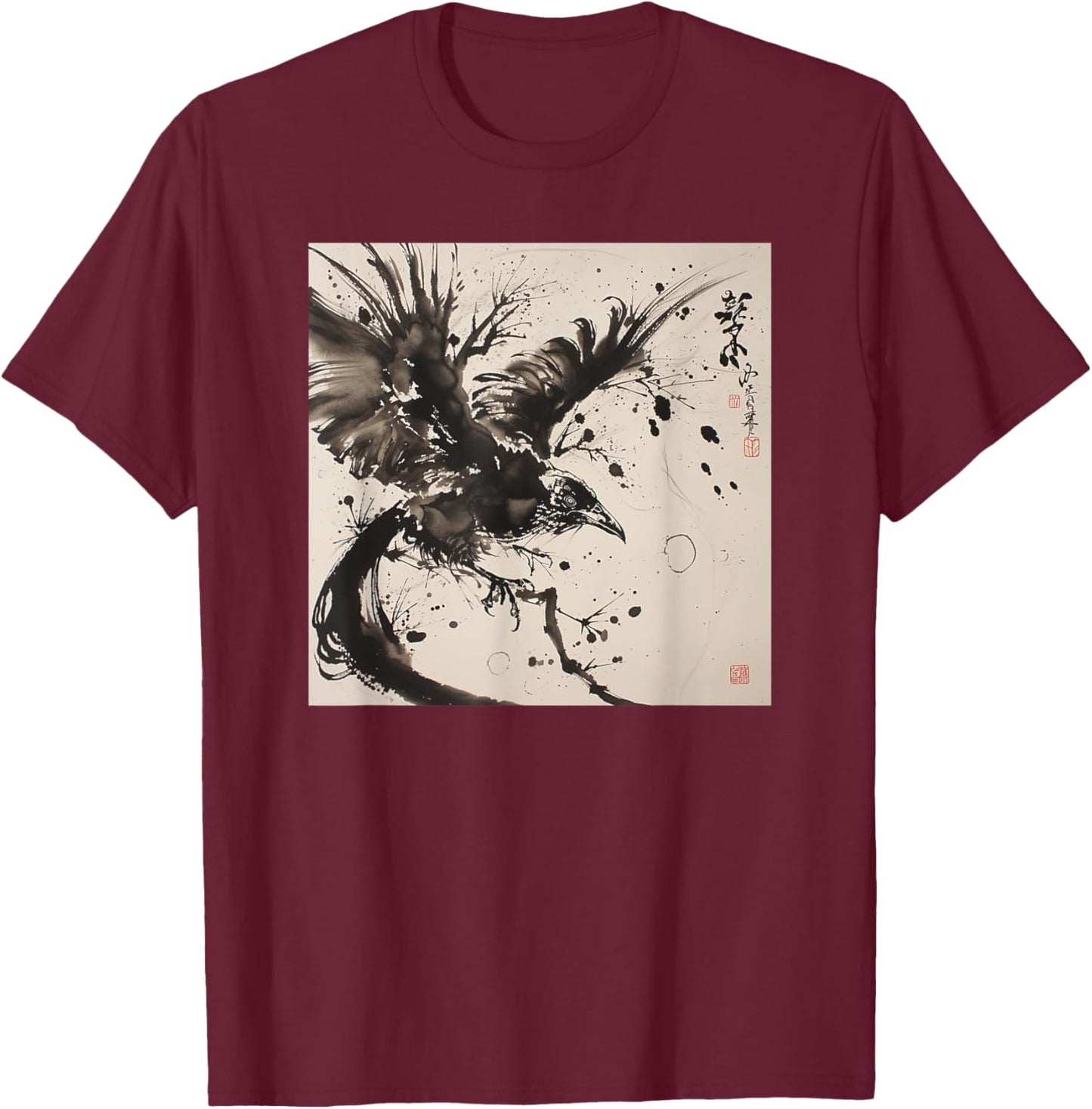 Japanese Ink Art Crow- Raven Ink Art Graphic T-Shirt - T-Shirt | Maroon