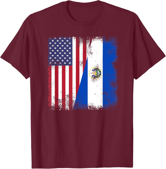 Half Salvadoran Flag | Vintage El Salvador USA Gift T-Shirt - T-Shirt | Maroon