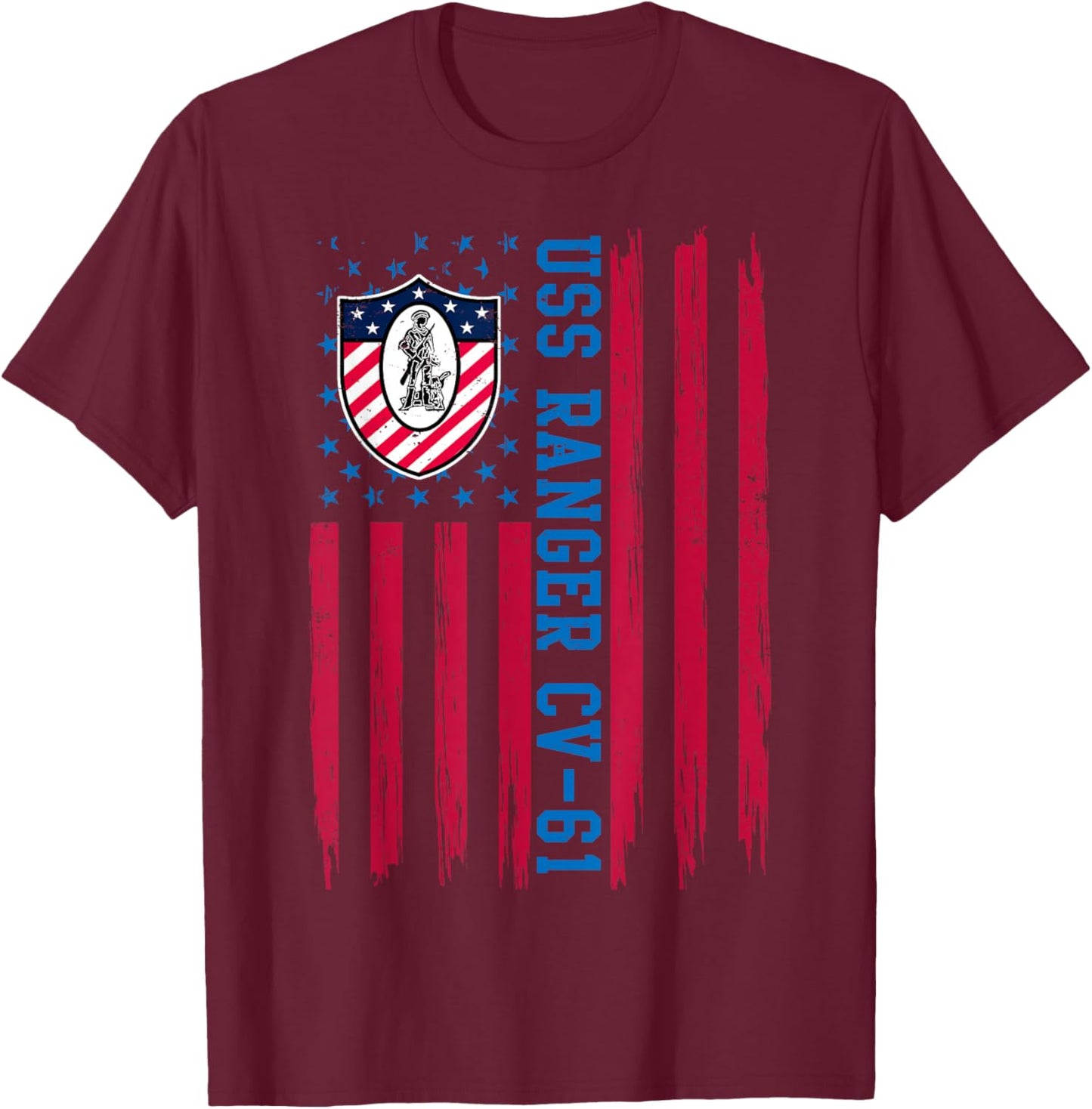 USS Ranger CV-61 American Flag Aircraft Carrier Veteran Papa T-Shirt - T-Shirt | Maroon