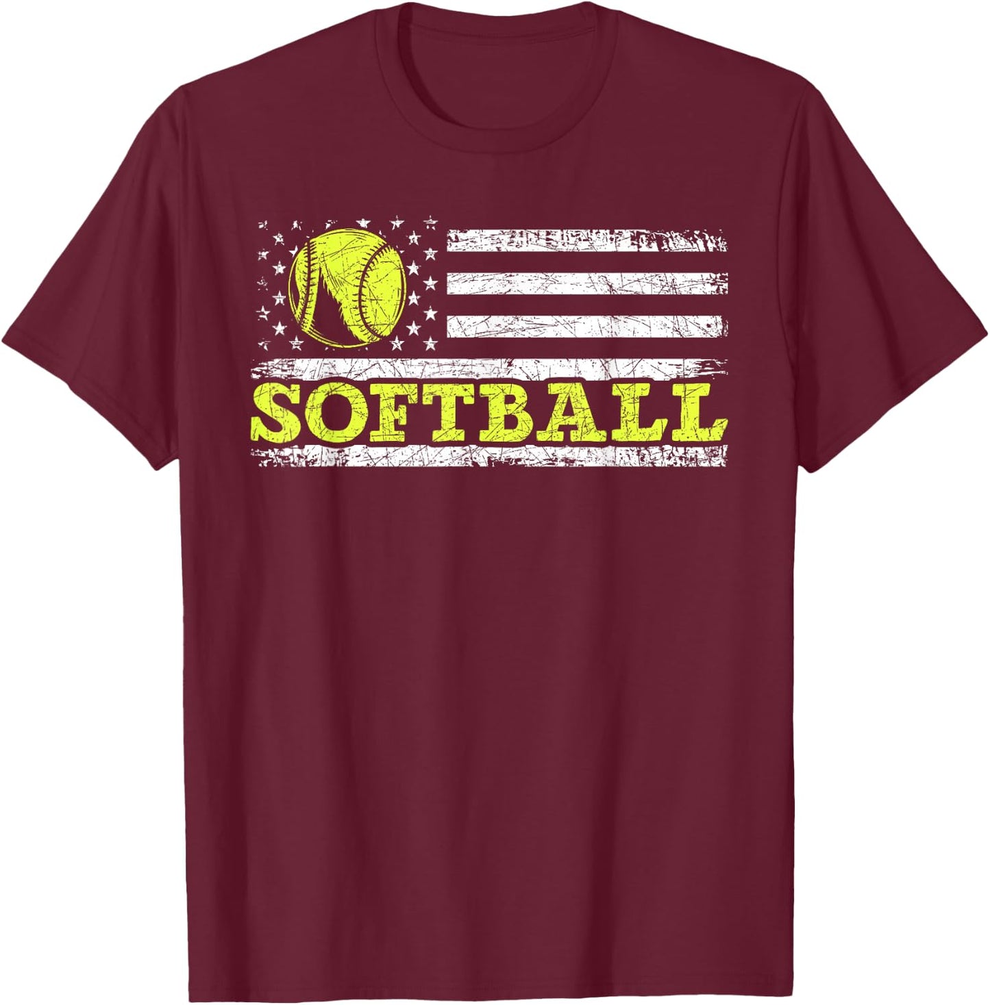 USA Flag Patriotic Softball Player American Sport Softball T-Shirt - T-Shirt | Maroon