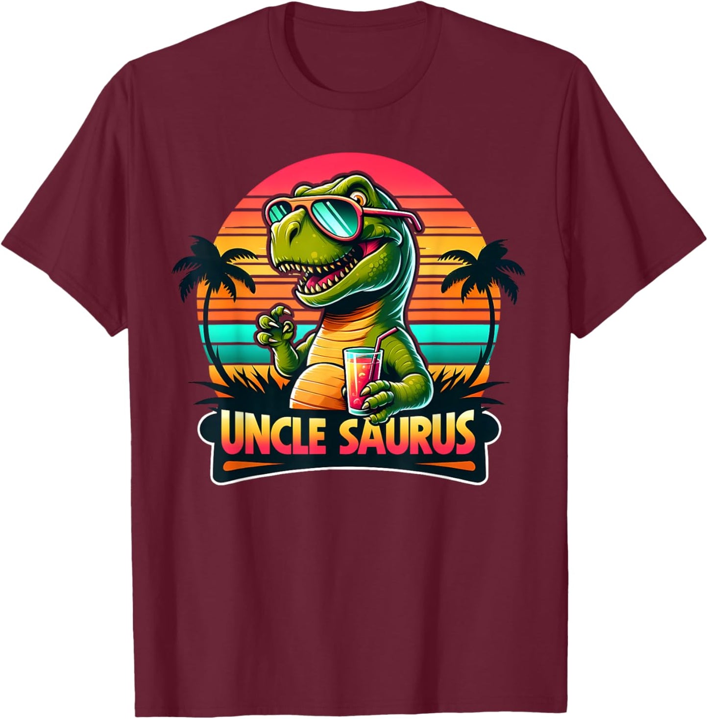Uncle Saurus Rex Dinosaur Sunset Retro Style Family Matching T-Shirt - T-Shirt | Maroon