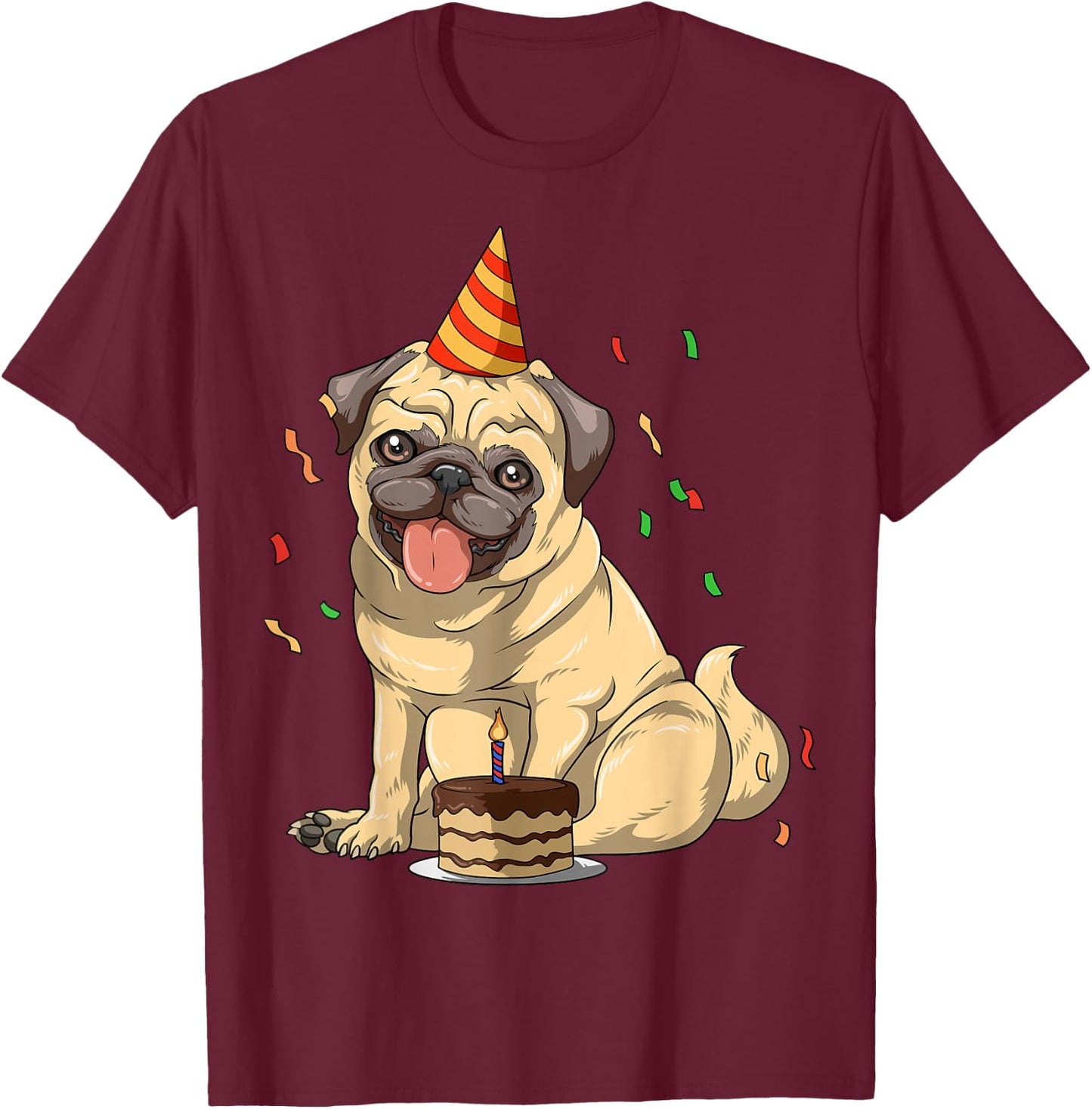 SurrealPug Co. Pug Theme - Men's Black Cartoon Animal Print Pug Birthday Party - Small T-Shirt - T-Shirt | Maroon