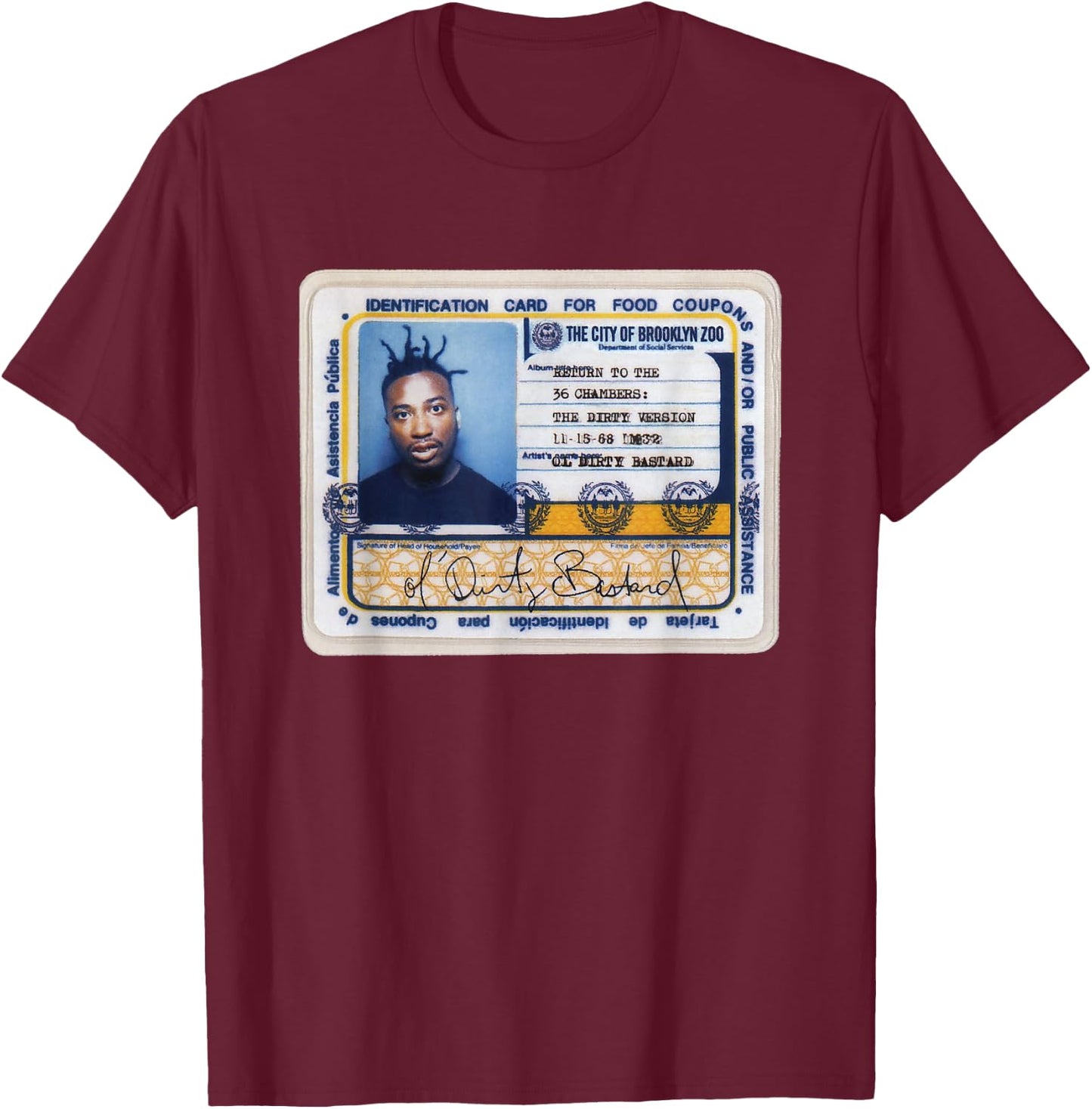 Ol' Dirty Bastard Return To The 36 Chambers ID Card ODB T-Shirt - T-Shirt | Maroon