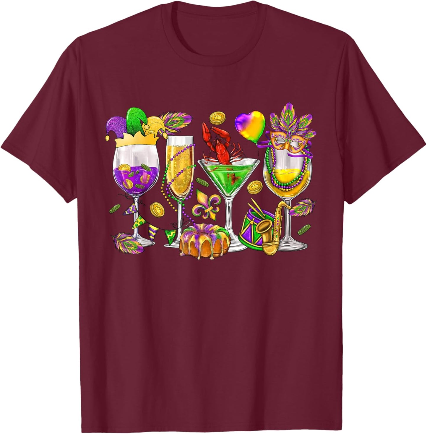 Mardi Gras Glass Of Wine Funny Drinking Wine Festival Parade T-Shirt - T-Shirt | Maroon