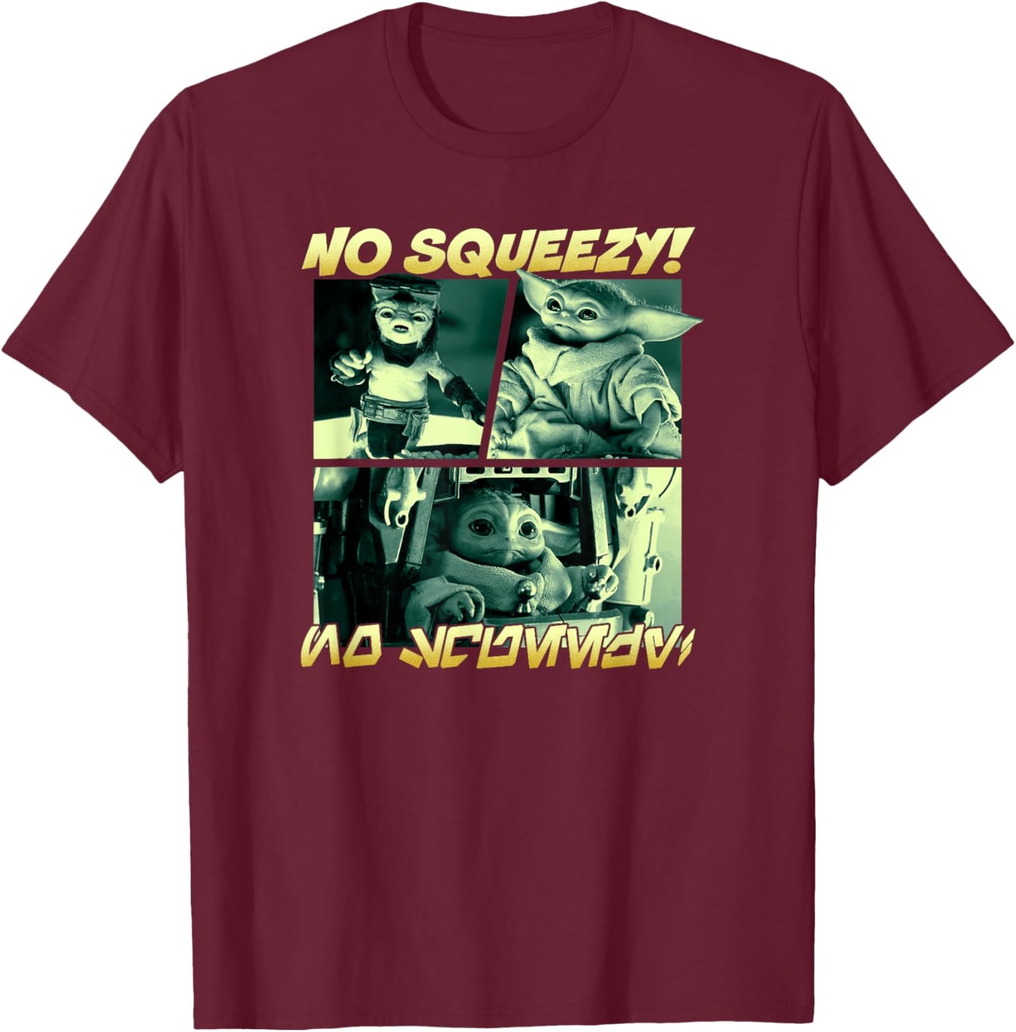 Star Wars: The Mandalorian No Squeezy! Retro Panels Poster T-Shirt - T-Shirt | Maroon