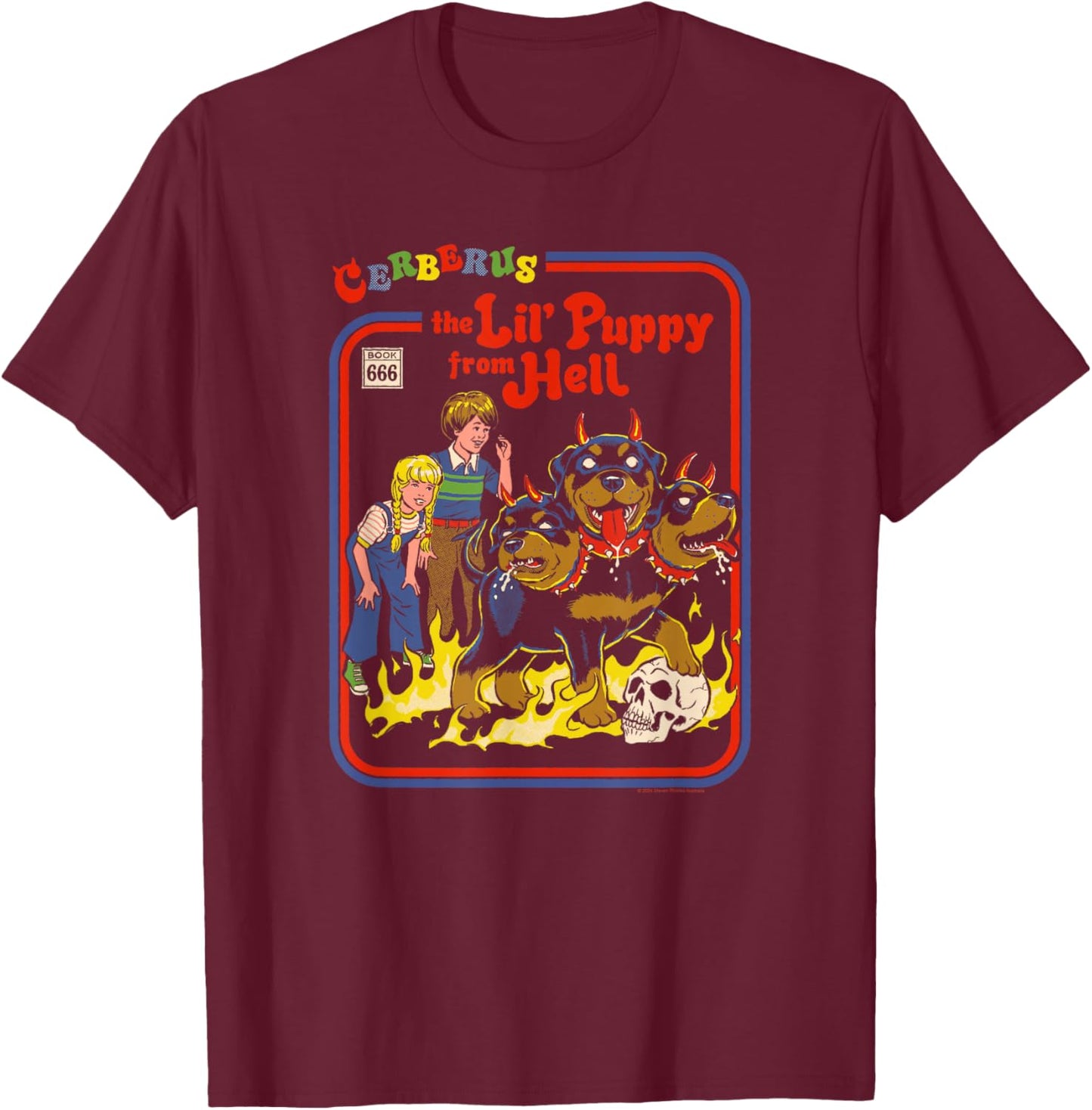 Steven Rhodes Cerberus Lil Puppy from Hell Retro Dark Humor T-Shirt - T-Shirt | Maroon