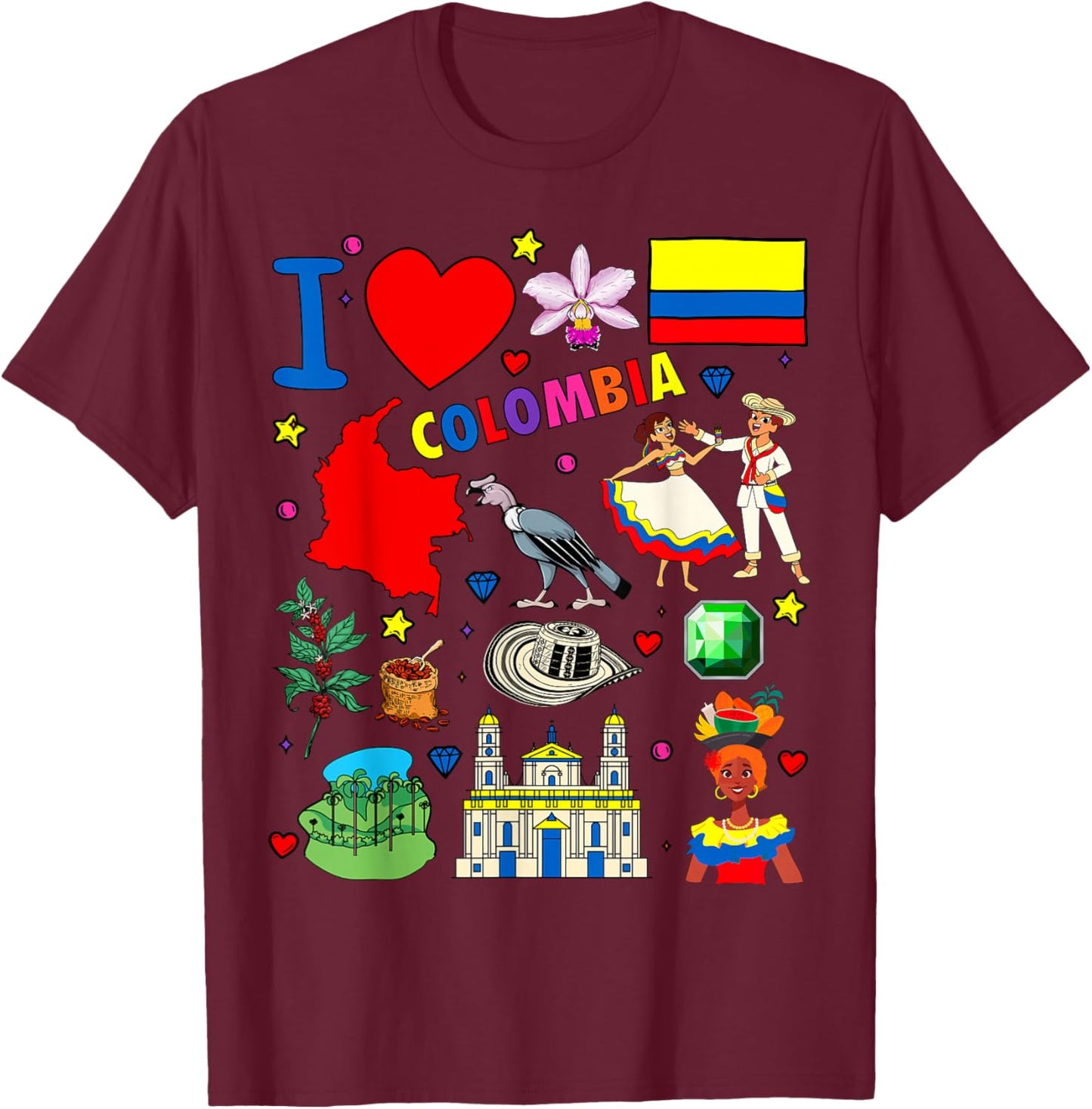 I Love Colombia Hand Drawn Colombian Landmarks, Flag and map T-Shirt - T-Shirt | Maroon